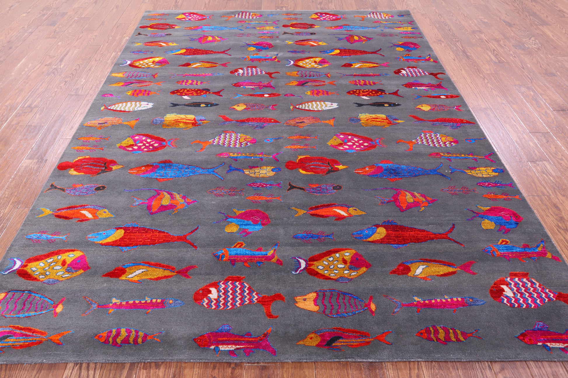 Grey Fish Design Persian Gabbeh Handmade Wool & Silk Rug - 8' 1" X 9' 10" - Golden Nile