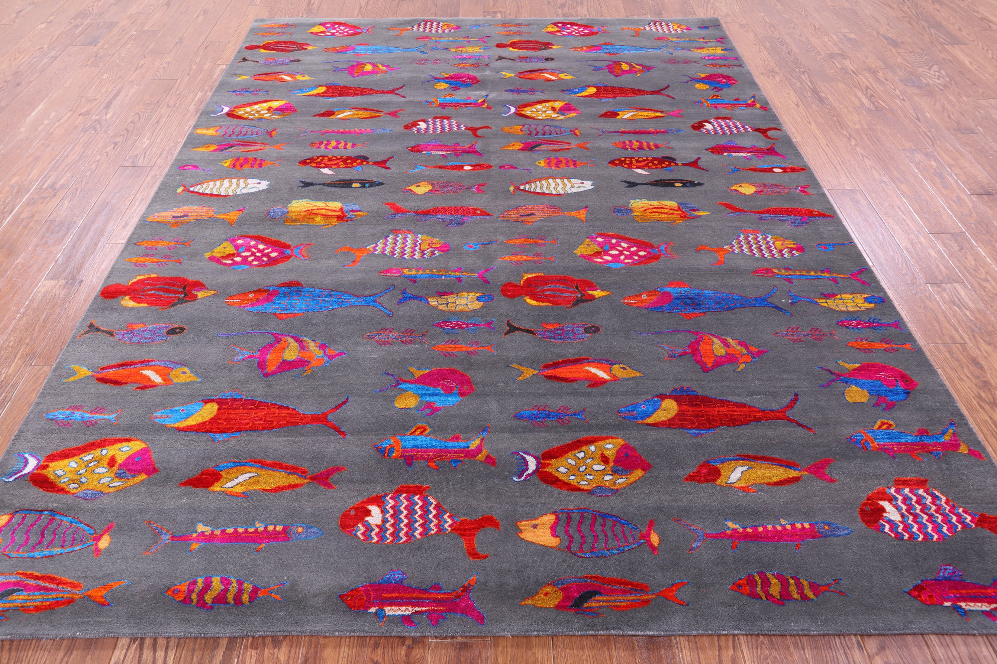 Grey Fish Design Persian Gabbeh Handmade Wool & Silk Rug - 8' 1" X 9' 10" - Golden Nile