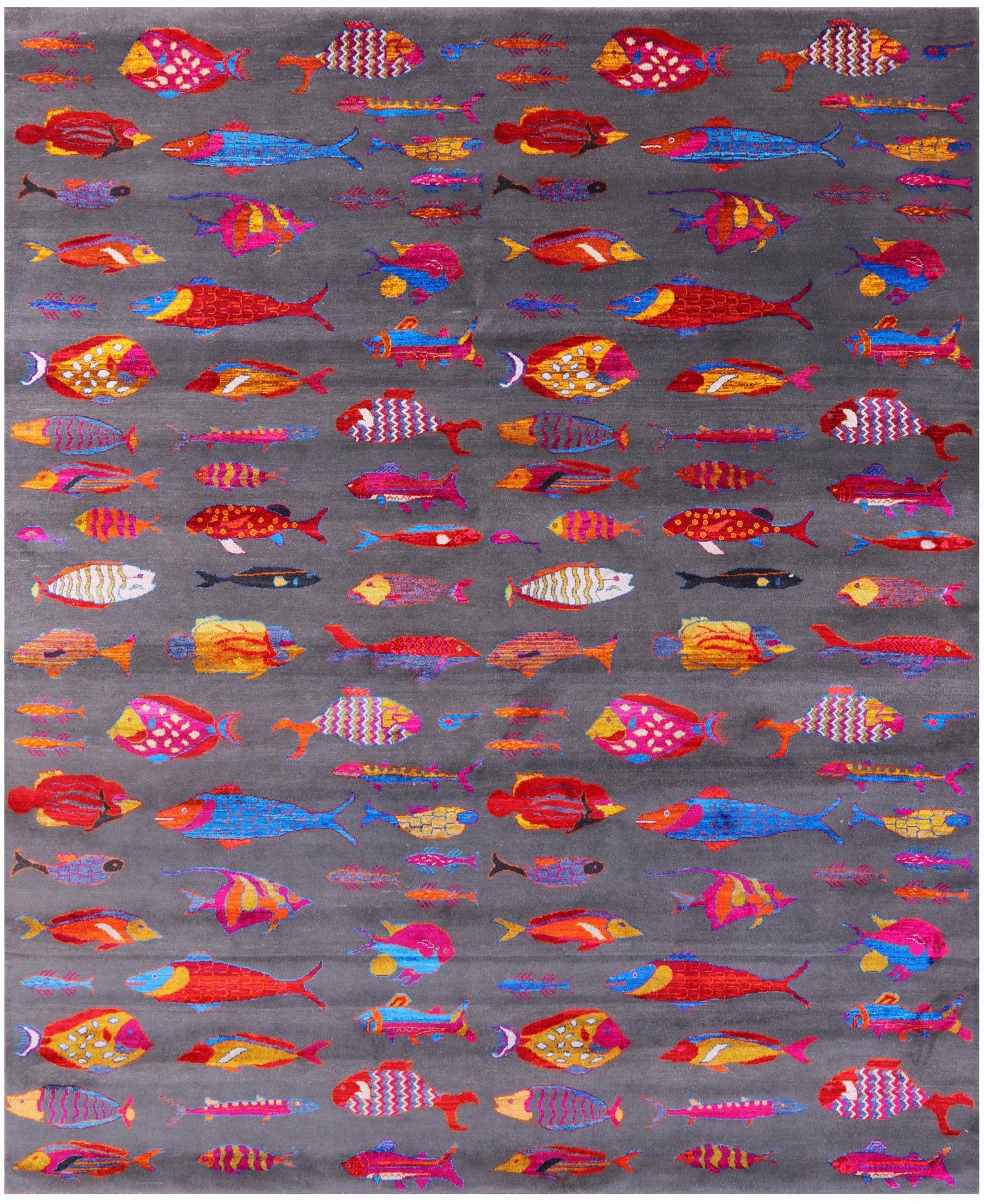 Grey Fish Design Persian Gabbeh Handmade Wool & Silk Rug - 8' 1" X 9' 10" - Golden Nile