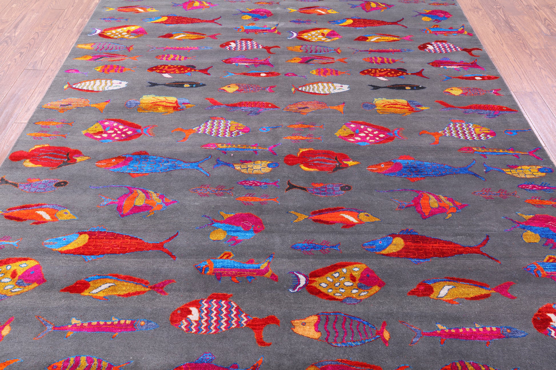 Grey Fish Design Persian Gabbeh Handmade Wool & Silk Rug - 8' 1" X 9' 10" - Golden Nile