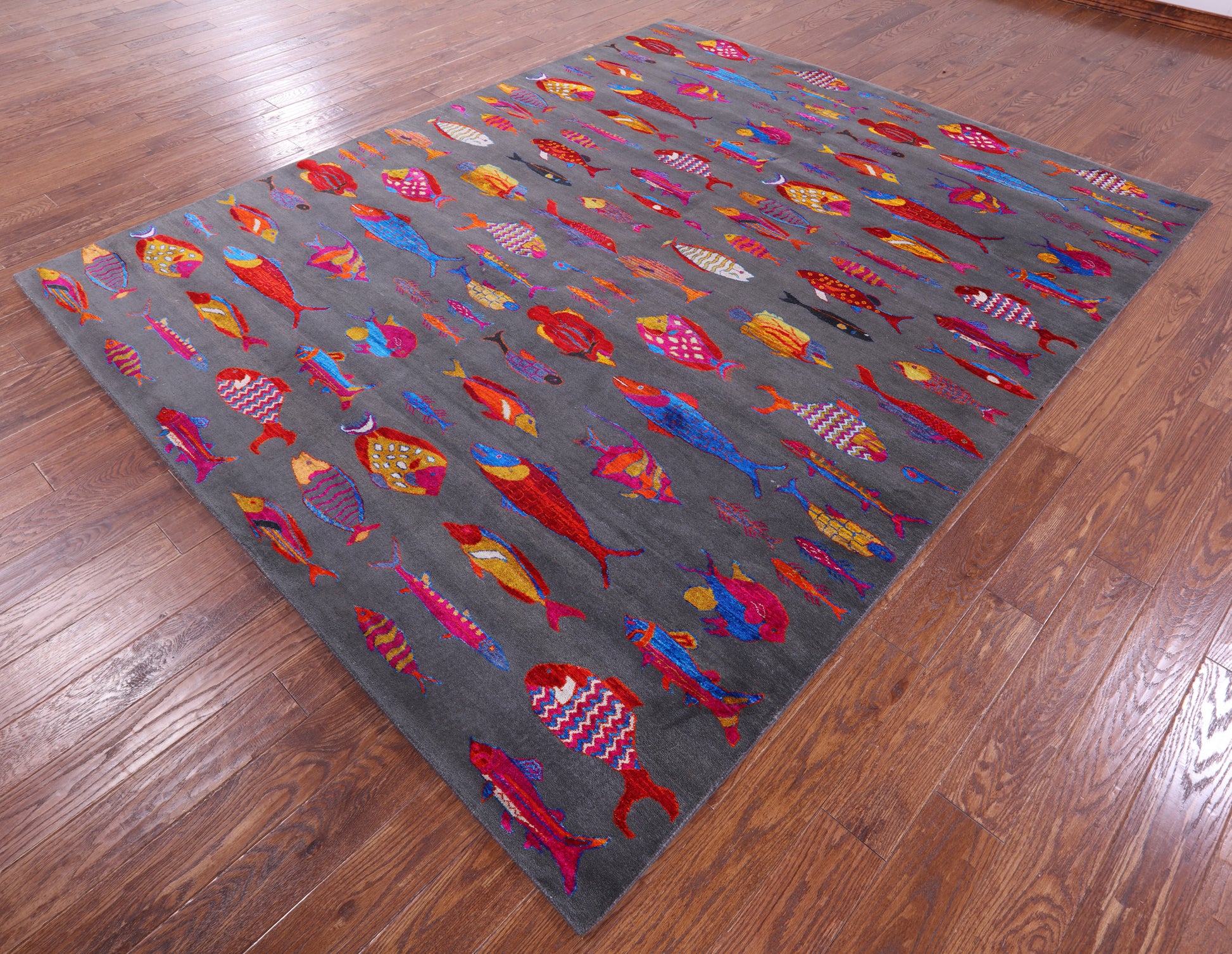 Grey Fish Design Persian Gabbeh Handmade Wool & Silk Rug - 8' 1" X 9' 10" - Golden Nile