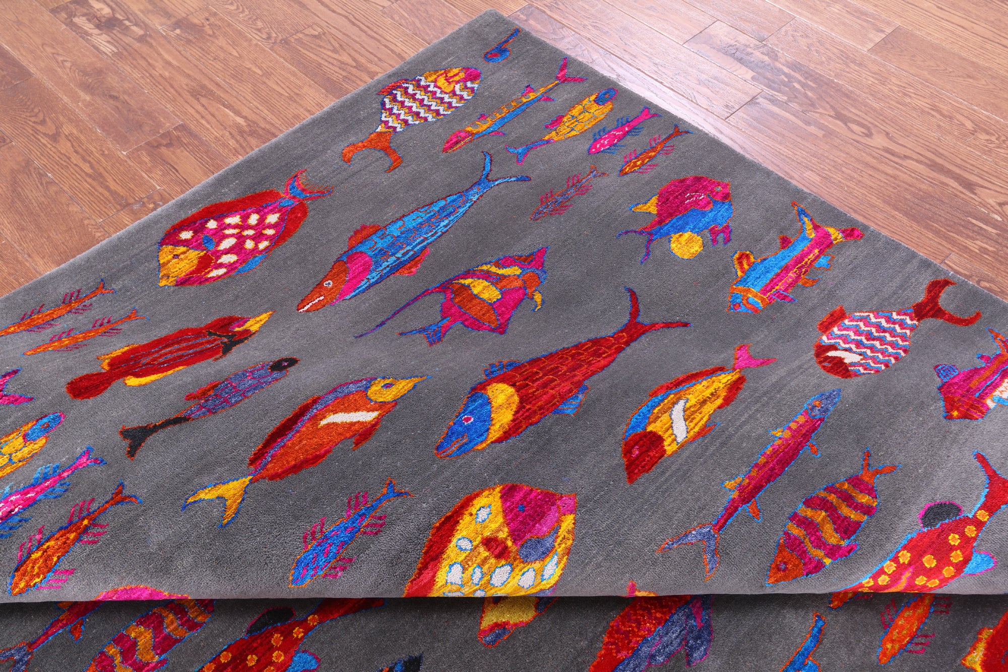 Grey Fish Design Persian Gabbeh Handmade Wool & Silk Rug - 8' 1" X 9' 10" - Golden Nile