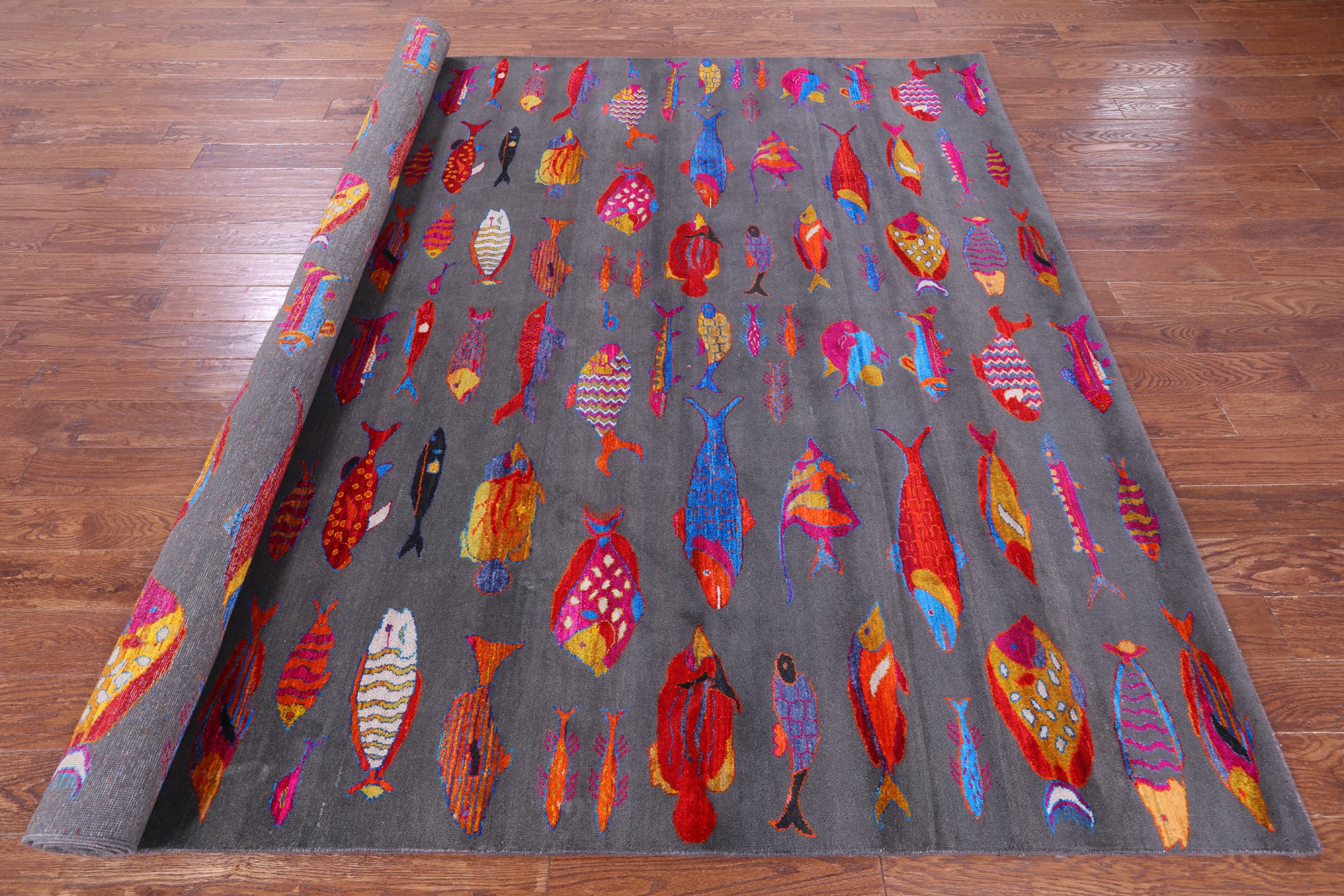 Grey Fish Design Persian Gabbeh Handmade Wool & Silk Rug - 8' 1" X 9' 10" - Golden Nile