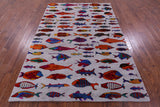Grey Fish Design Persian Gabbeh Hand Knotted Wool & Silk Rug - 6' 0" X 8' 7" - Golden Nile
