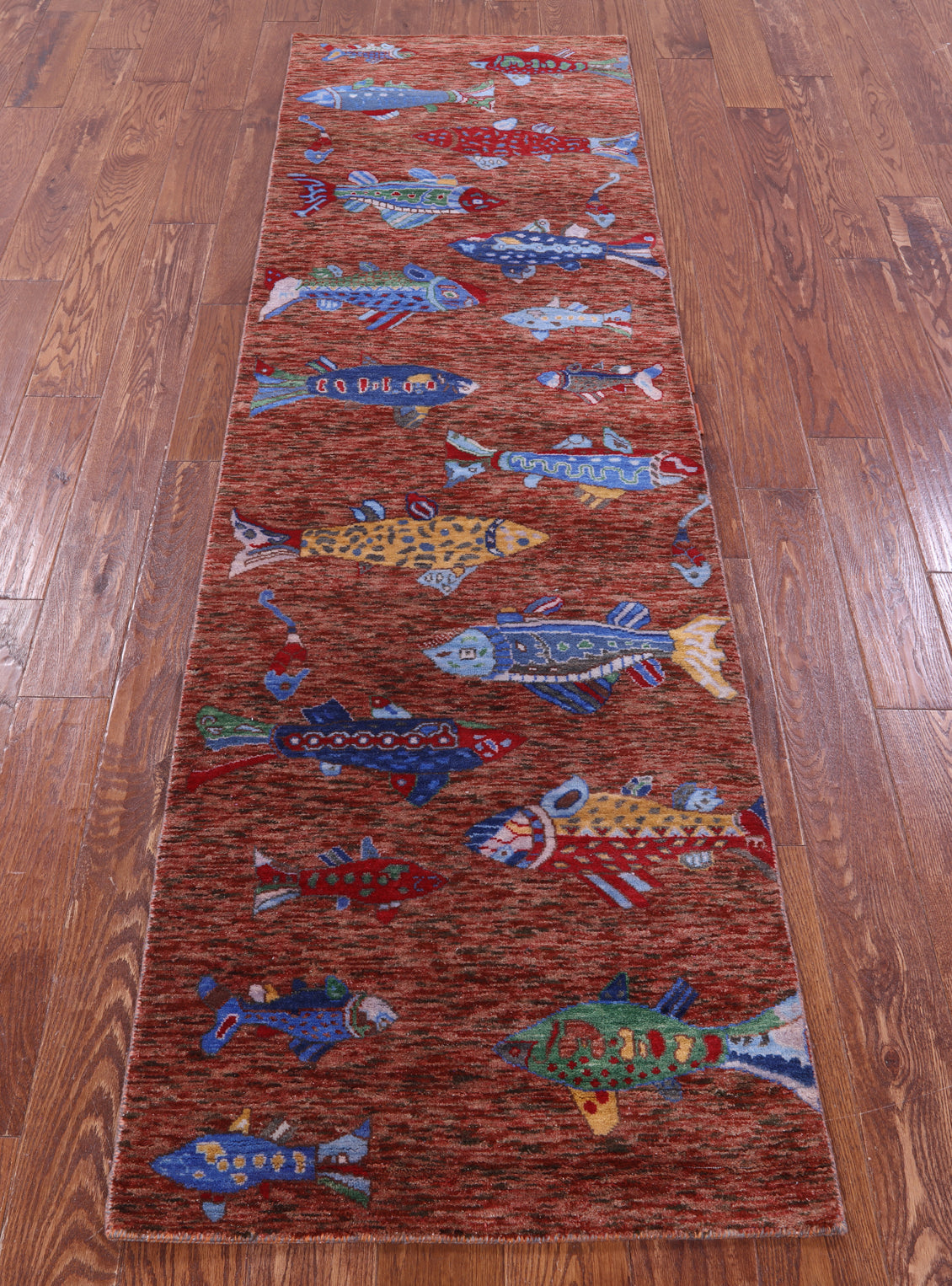 Brown Fish Design Persian Gabbeh Hand Knotted Wool Runner Rug - 2' 6" X 8' 3" - Golden Nile