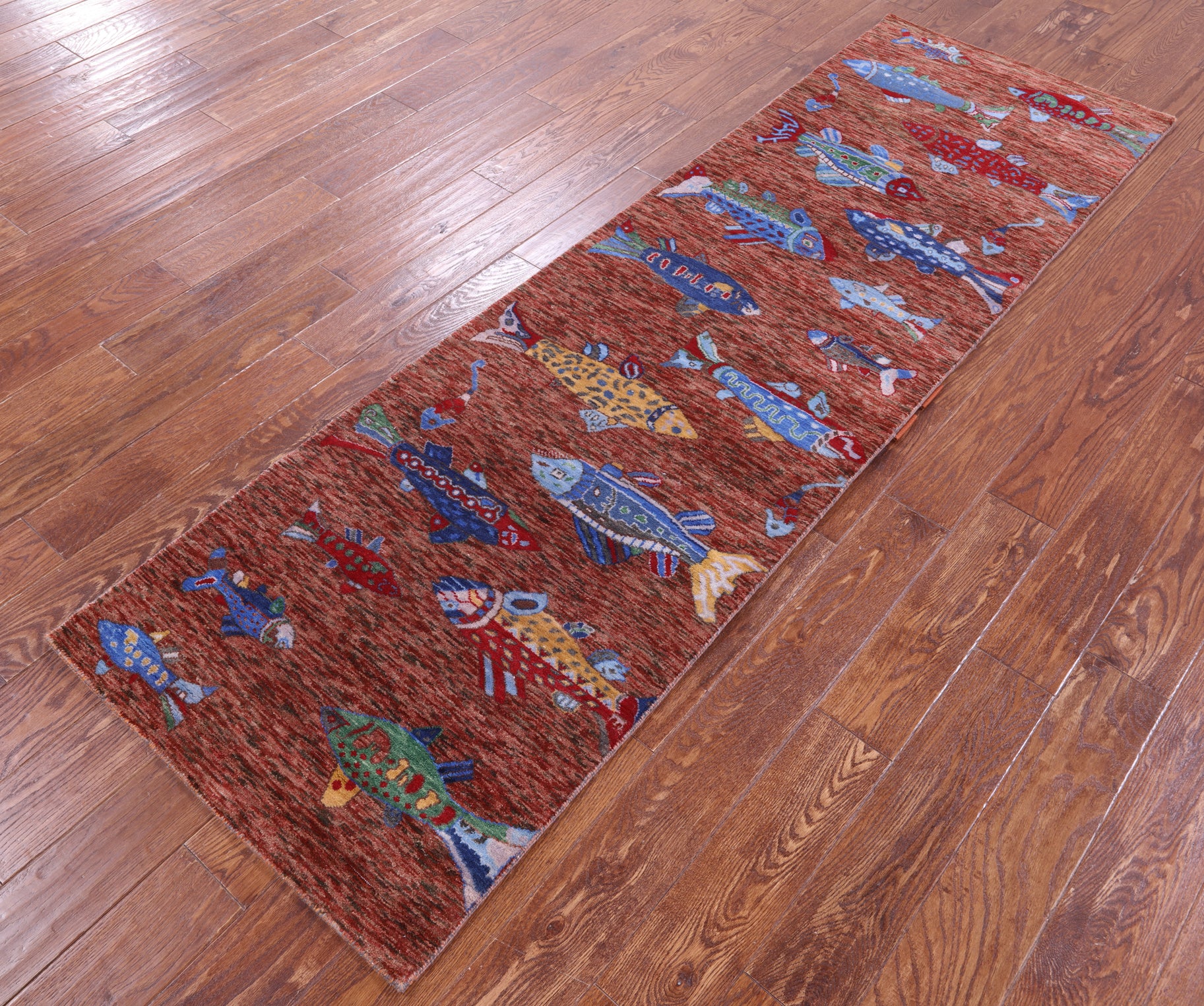 Brown Fish Design Persian Gabbeh Hand Knotted Wool Runner Rug - 2' 6" X 8' 3" - Golden Nile