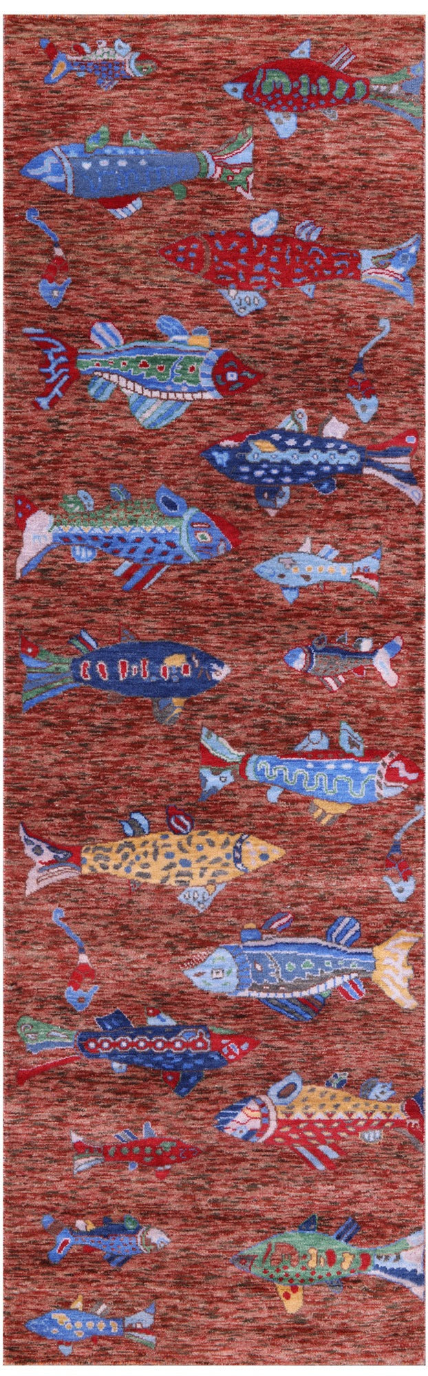 Brown Fish Design Persian Gabbeh Hand Knotted Wool Runner Rug - 2' 6" X 8' 3" - Golden Nile