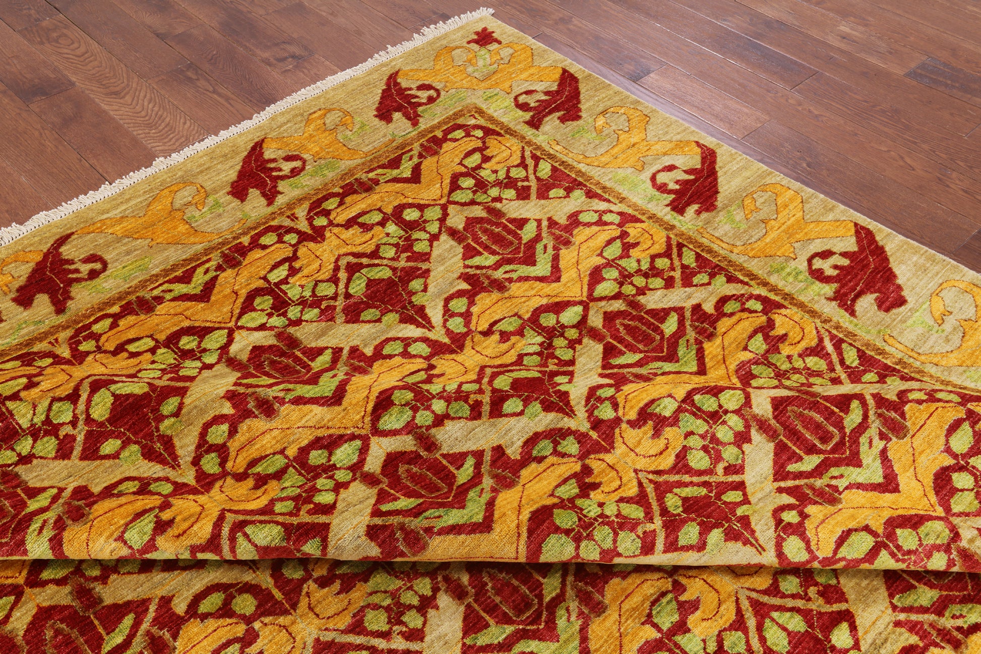Red William Morris Hand Knotted Wool Area Rug - 9' 3" X 11' 10" - Golden Nile