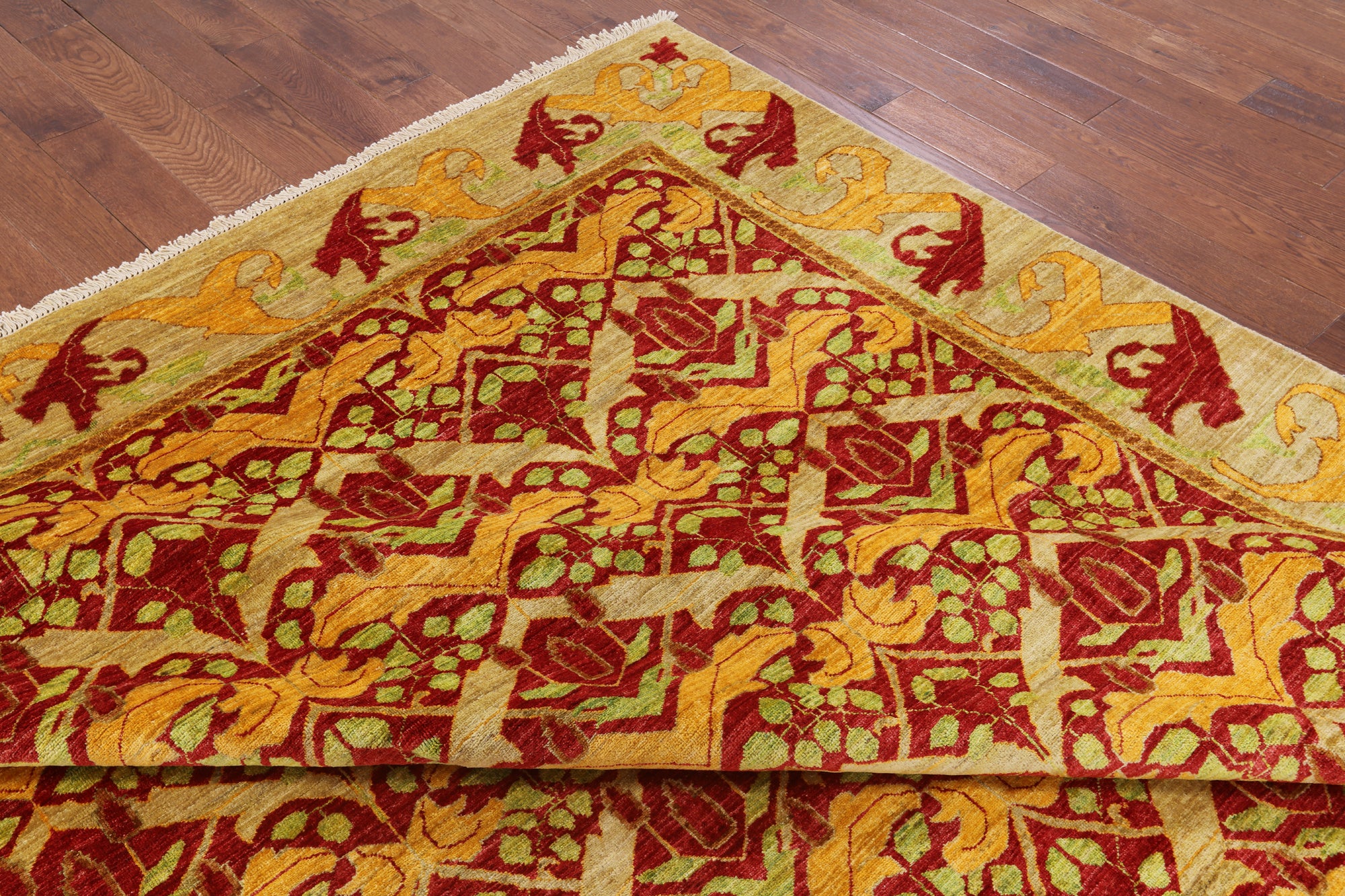 Red William Morris Hand Knotted Wool Area Rug - 9' 3" X 11' 10" - Golden Nile