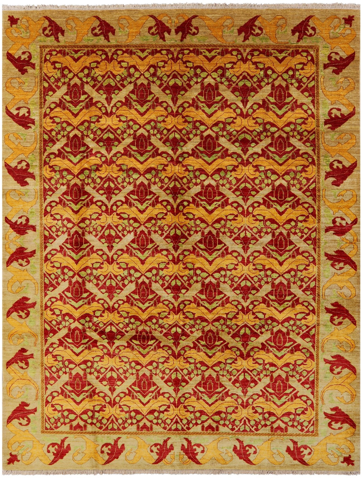 Red William Morris Hand Knotted Wool Area Rug - 9' 3" X 11' 10" - Golden Nile