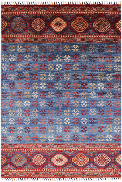 Blue Tribal Khorjin Persian Gabbeh Hand Knotted Wool Rug - 3' 11" X 5' 9" - Golden Nile