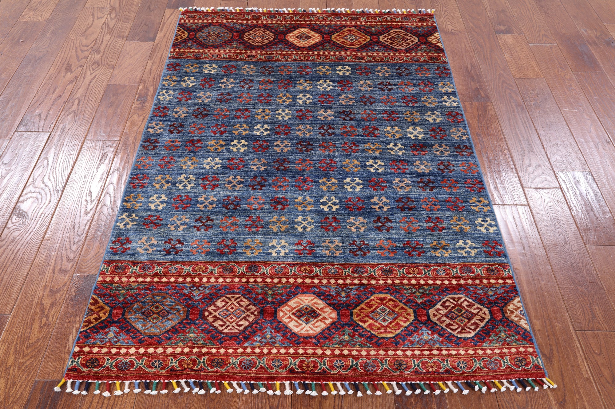 Blue Tribal Khorjin Persian Gabbeh Hand Knotted Wool Rug - 3' 11" X 5' 9" - Golden Nile
