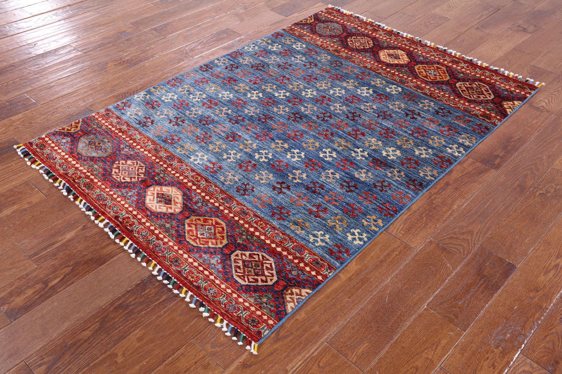 Blue Tribal Khorjin Persian Gabbeh Hand Knotted Wool Rug - 3' 11" X 5' 9" - Golden Nile