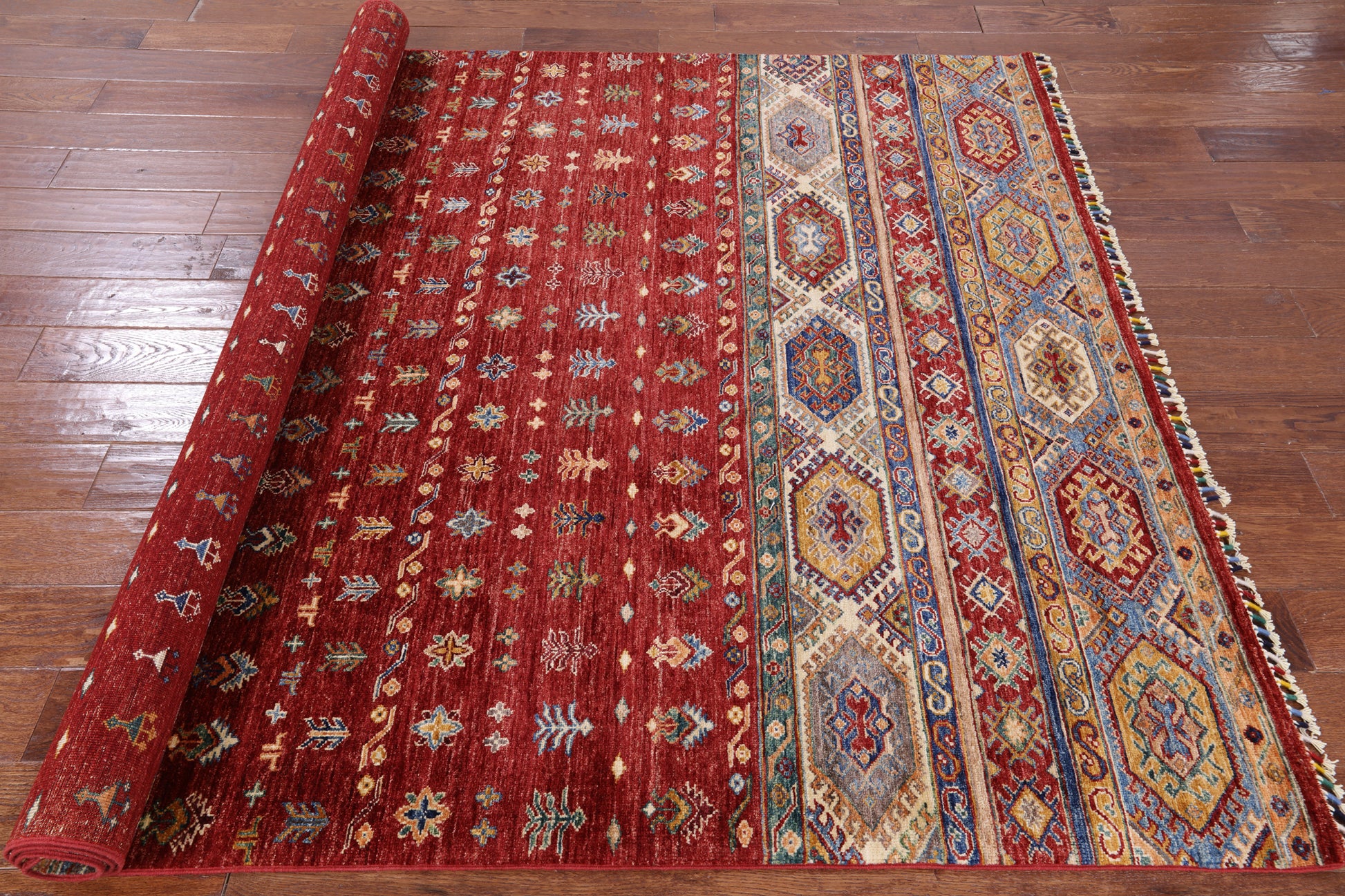 Red Tribal Khorjin Persian Gabbeh Hand Knotted Wool Area Rug - 5' 11" X 8' 3" - Golden Nile