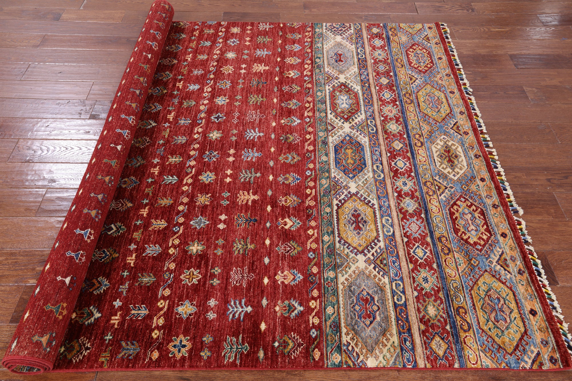 Red Tribal Khorjin Persian Gabbeh Hand Knotted Wool Area Rug - 5' 11" X 8' 3" - Golden Nile