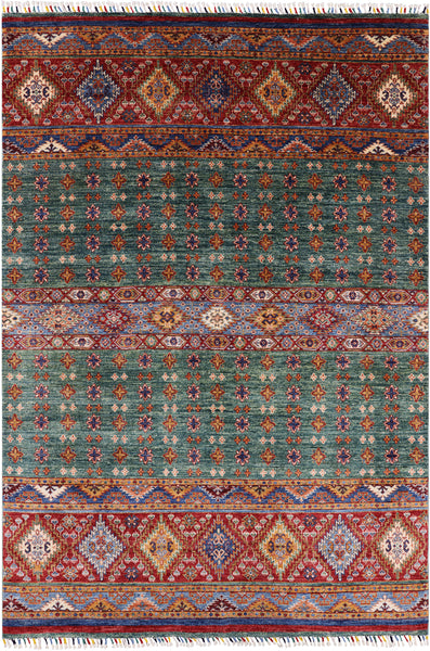 Green Khorjin Persian Gabbeh Hand Knotted Wool Area Rug - 5' 8" X 8' 4" - Golden Nile