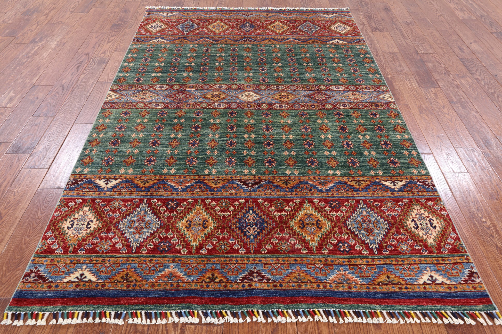 Green Khorjin Persian Gabbeh Hand Knotted Wool Area Rug - 5' 8" X 8' 4" - Golden Nile
