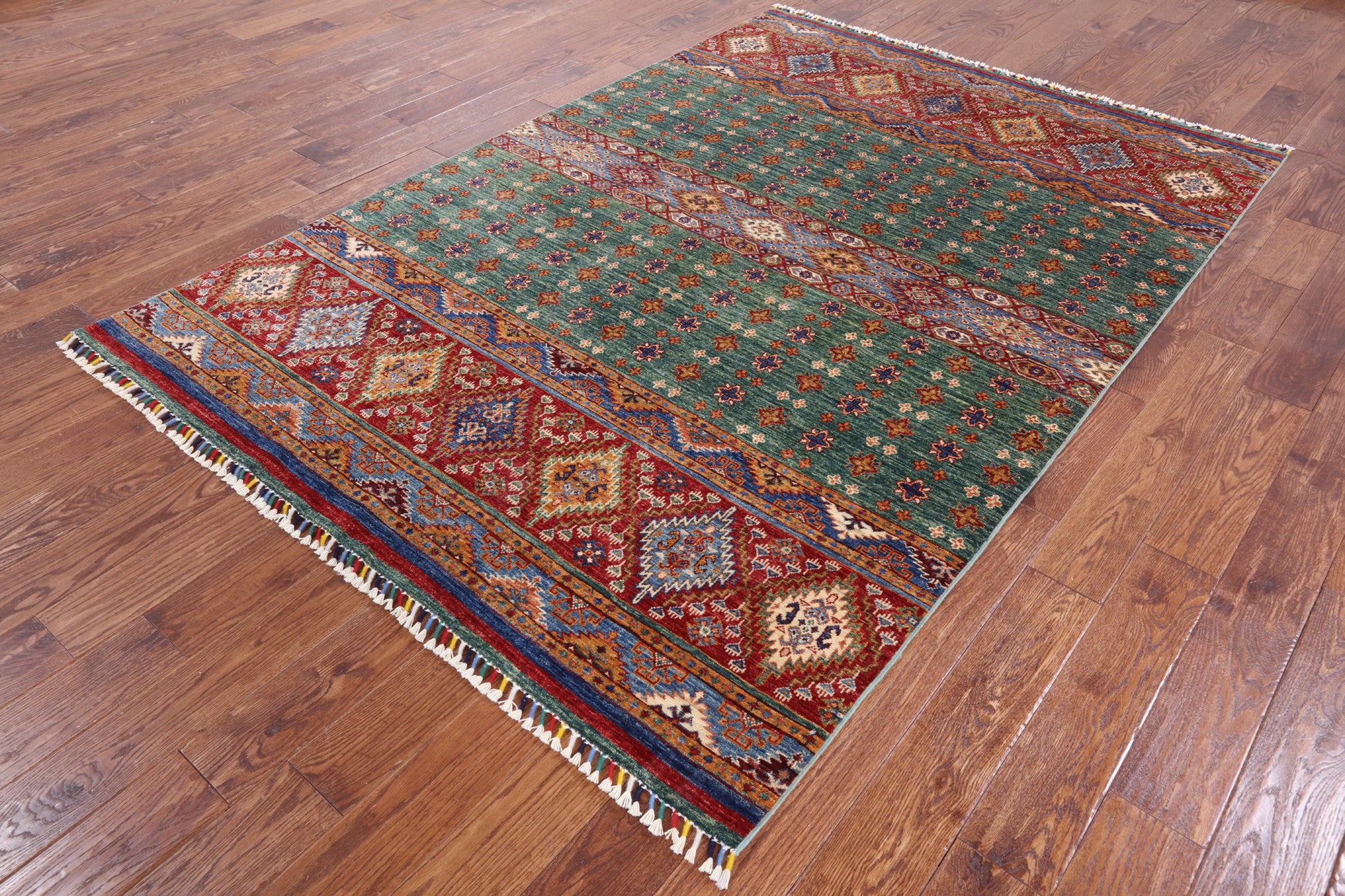 Green Khorjin Persian Gabbeh Hand Knotted Wool Area Rug - 5' 8" X 8' 4" - Golden Nile