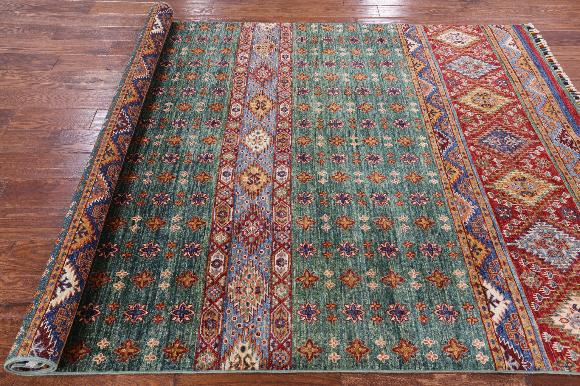 Green Khorjin Persian Gabbeh Hand Knotted Wool Area Rug - 5' 8" X 8' 4" - Golden Nile