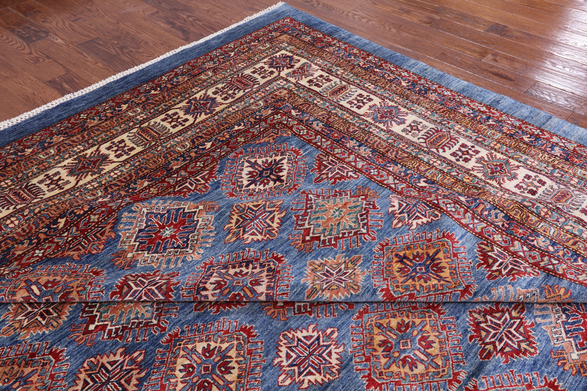 Blue Super Kazak Hand Knotted Wool Area Rug - 12' 0" X 15' 6" - Golden Nile