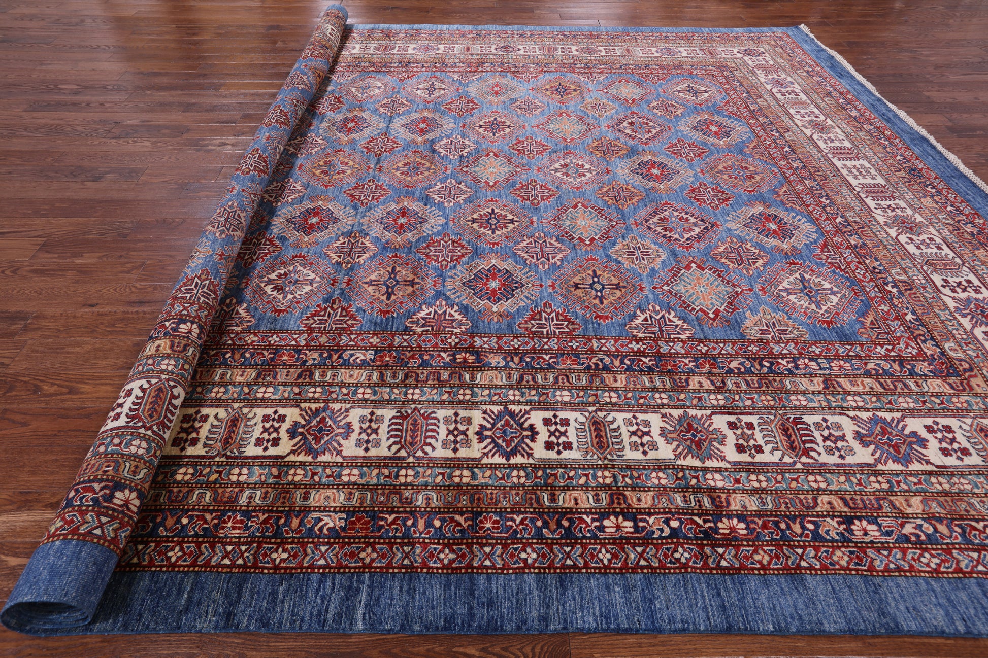 Blue Super Kazak Hand Knotted Wool Area Rug - 12' 0" X 15' 6" - Golden Nile