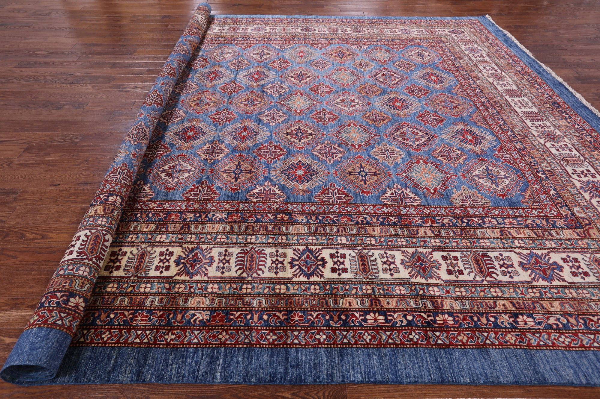 Blue Super Kazak Hand Knotted Wool Area Rug - 12' 0" X 15' 6" - Golden Nile