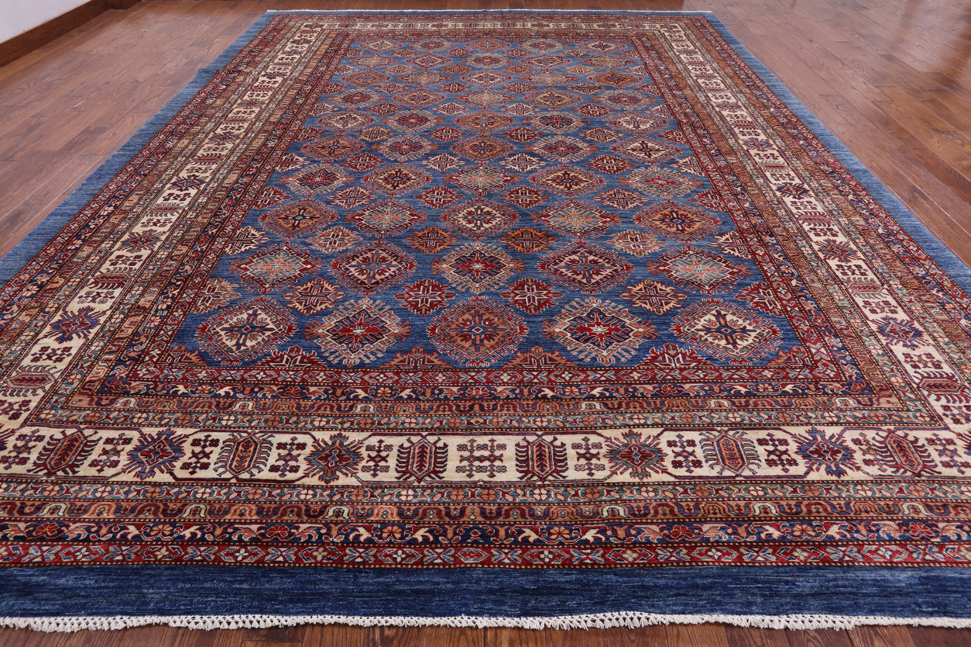 Blue Super Kazak Hand Knotted Wool Area Rug - 12' 0" X 15' 6" - Golden Nile