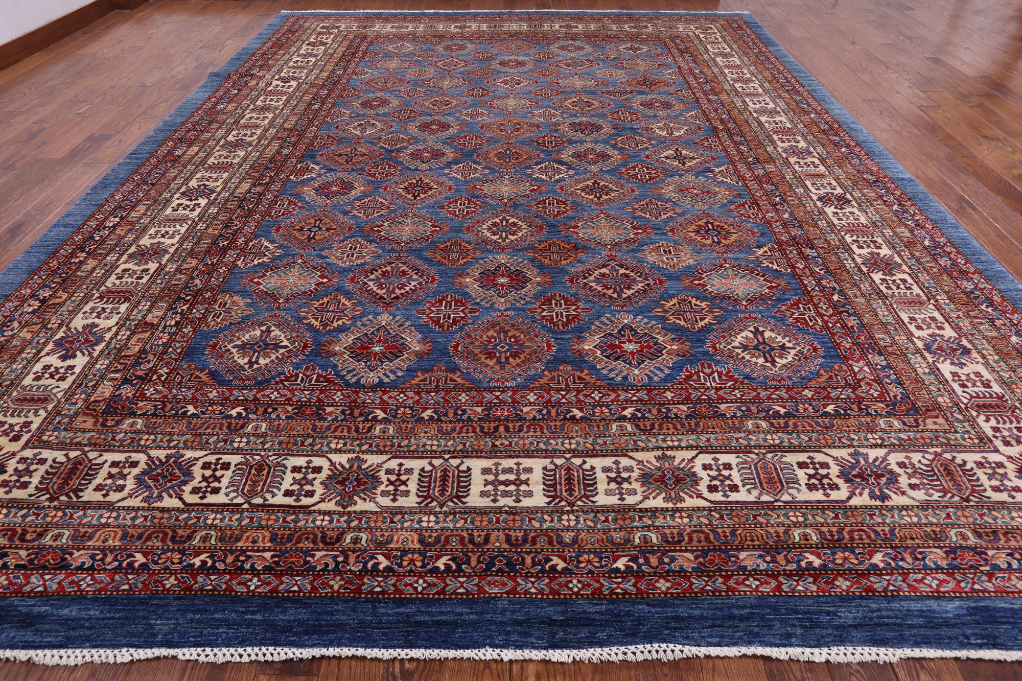 Blue Super Kazak Hand Knotted Wool Area Rug - 12' 0" X 15' 6" - Golden Nile