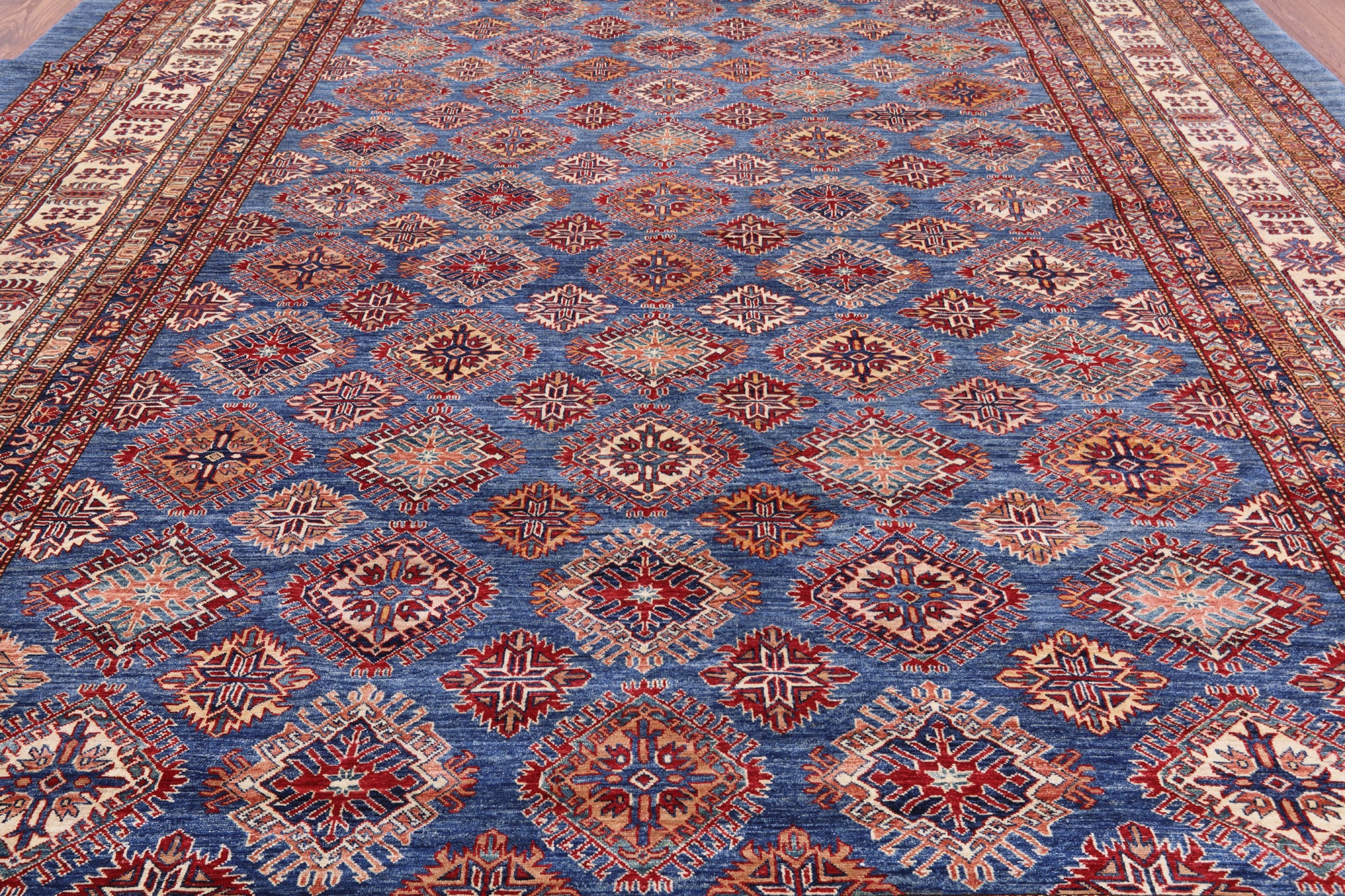 Blue Super Kazak Hand Knotted Wool Area Rug - 12' 0" X 15' 6" - Golden Nile