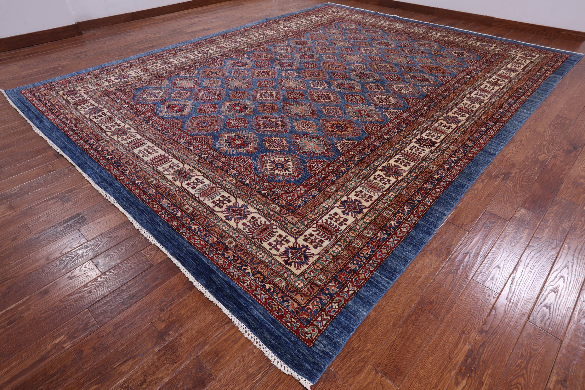 Blue Super Kazak Hand Knotted Wool Area Rug - 12' 0" X 15' 6" - Golden Nile