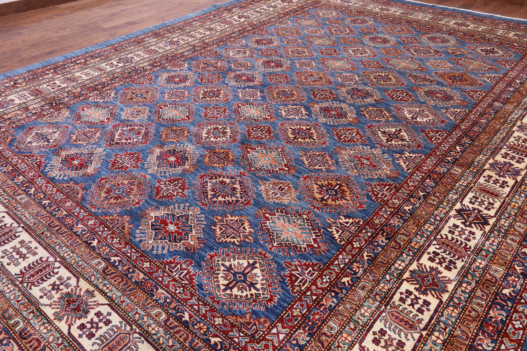 Blue Super Kazak Hand Knotted Wool Area Rug - 12' 0" X 15' 6" - Golden Nile