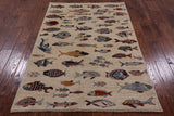 Super Gabbeh Fish Design Hand Knotted Wool Area Rug - 3' 11" X 5' 9" - Golden Nile