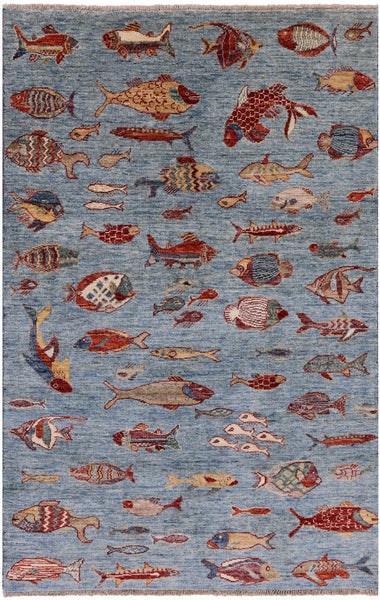 Super Gabbeh Fish Design Hand Knotted Wool Area Rug - 3' 10" X 5' 11" - Golden Nile