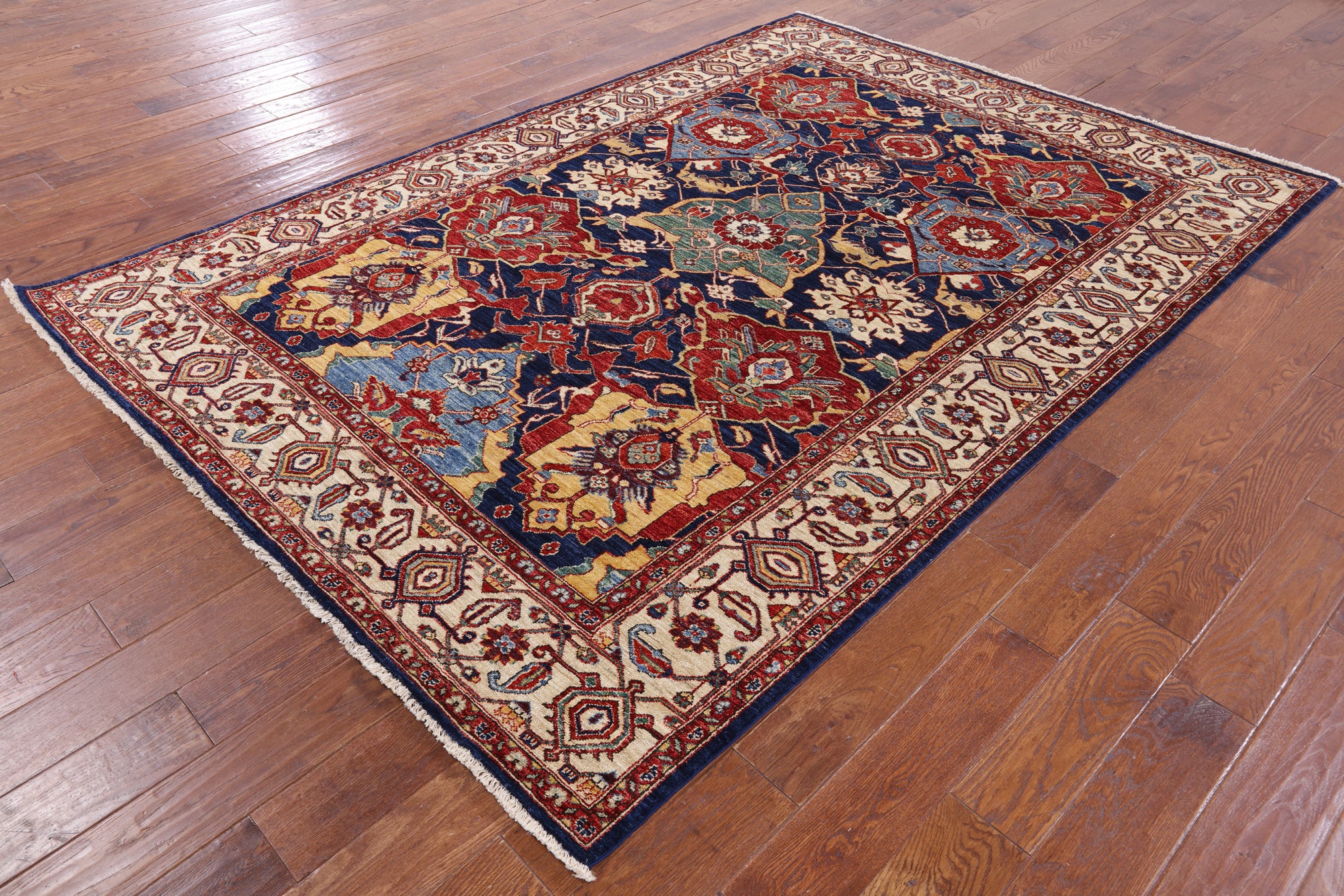 Blue Fine Serapi Hand Knotted Wool Area Rug - 6' 1" X 8' 9" - Golden Nile