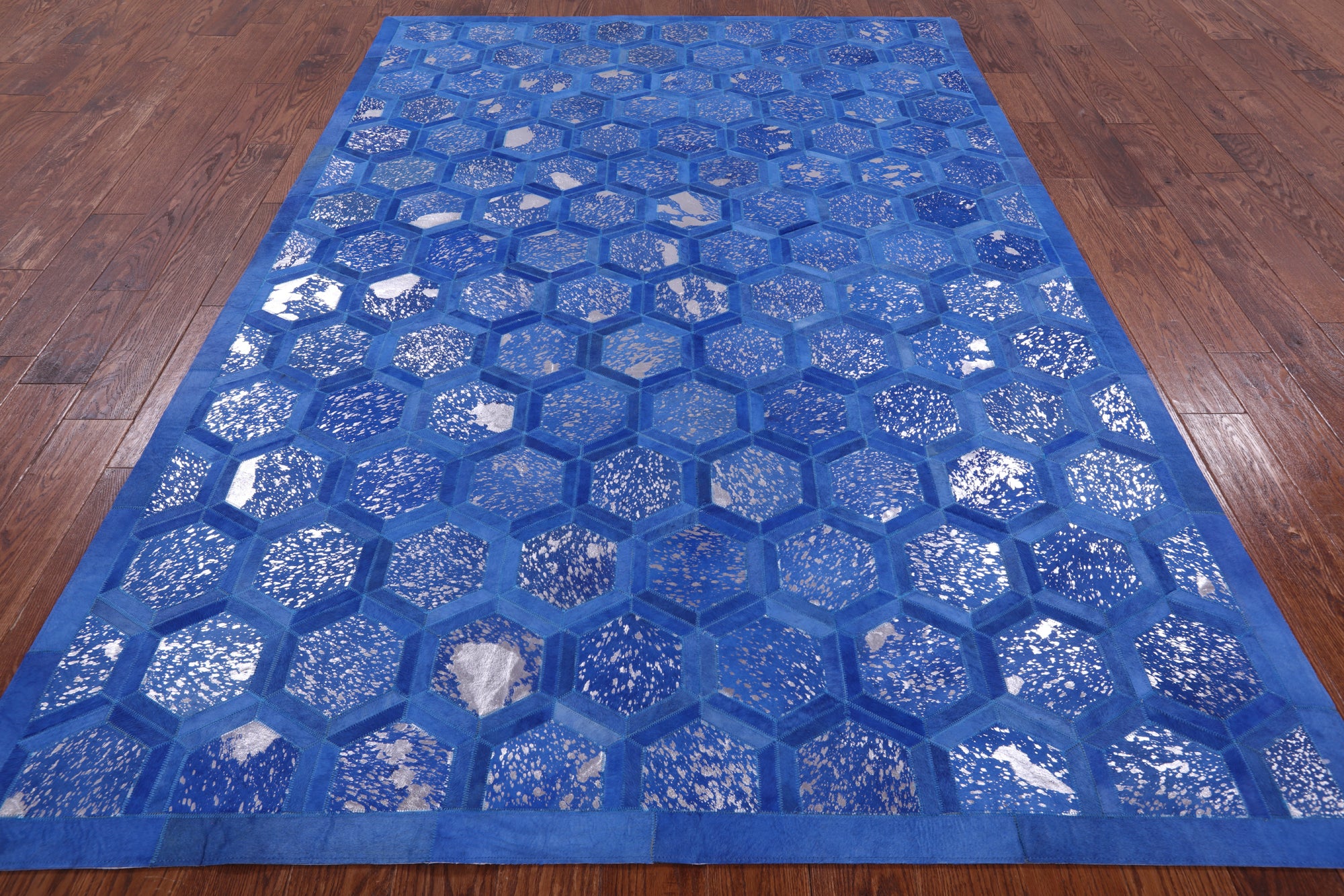 Blue Natural Cowhide Hand Stitched Patchwork Rug - 6' 0" X 9' 0" - Golden Nile