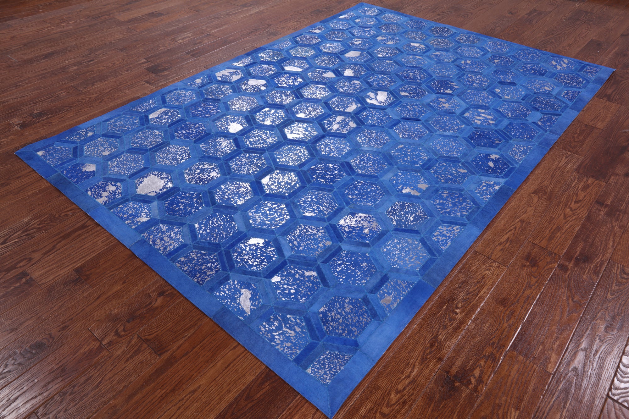 Blue Natural Cowhide Hand Stitched Patchwork Rug - 6' 0" X 9' 0" - Golden Nile