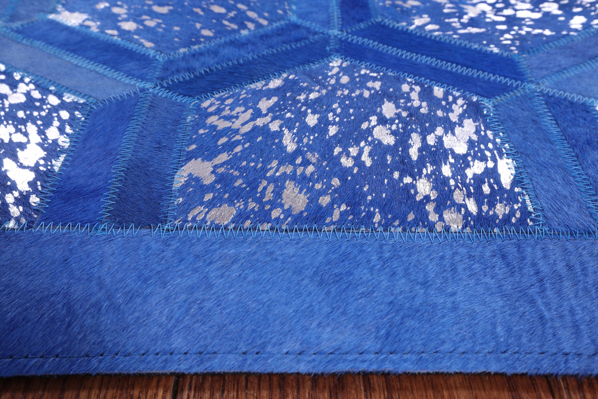 Blue Natural Cowhide Hand Stitched Patchwork Rug - 6' 0" X 9' 0" - Golden Nile