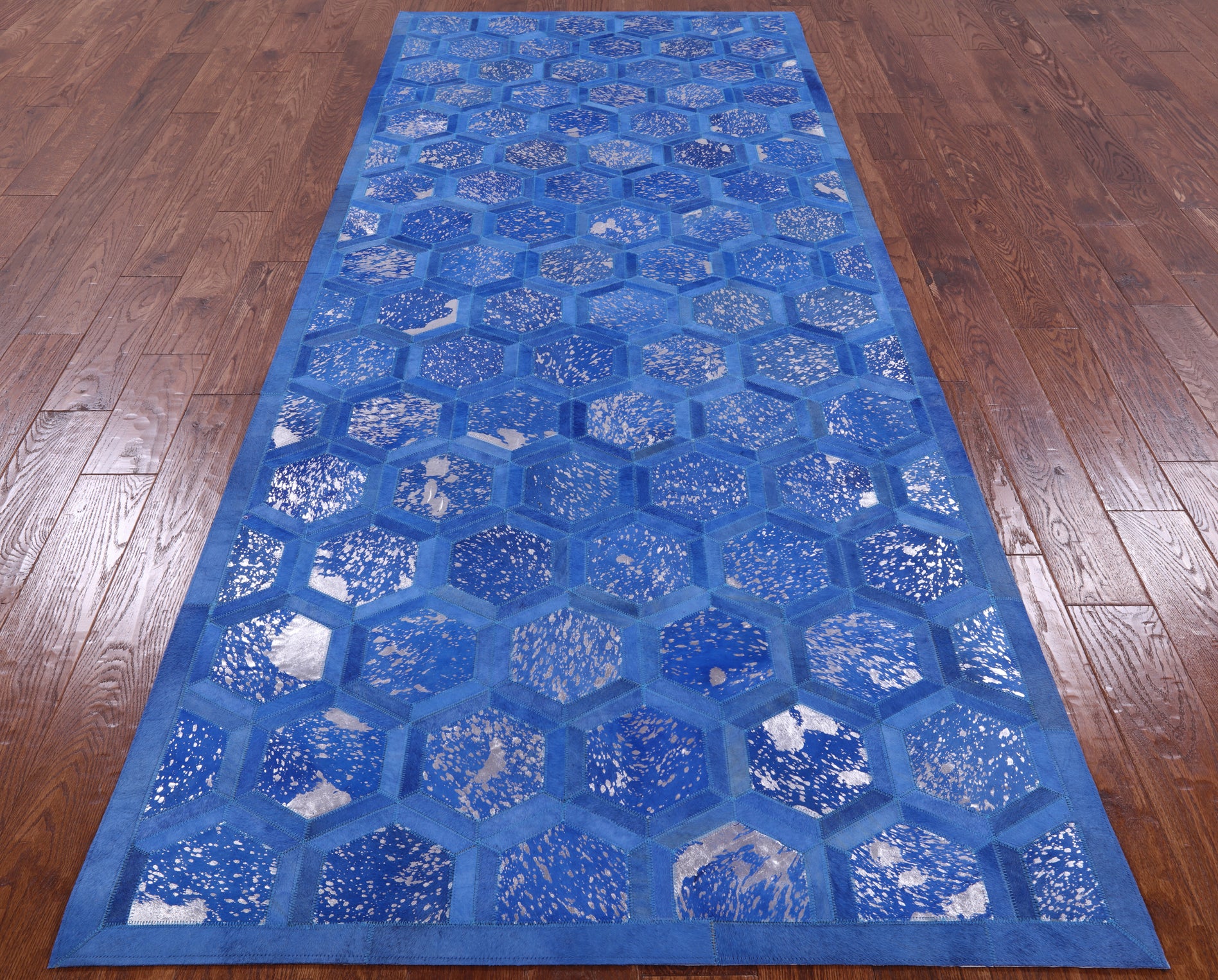 Blue Natural Cowhide Hand Stitched Runner Rug - 4' 0" X 10' 0" - Golden Nile