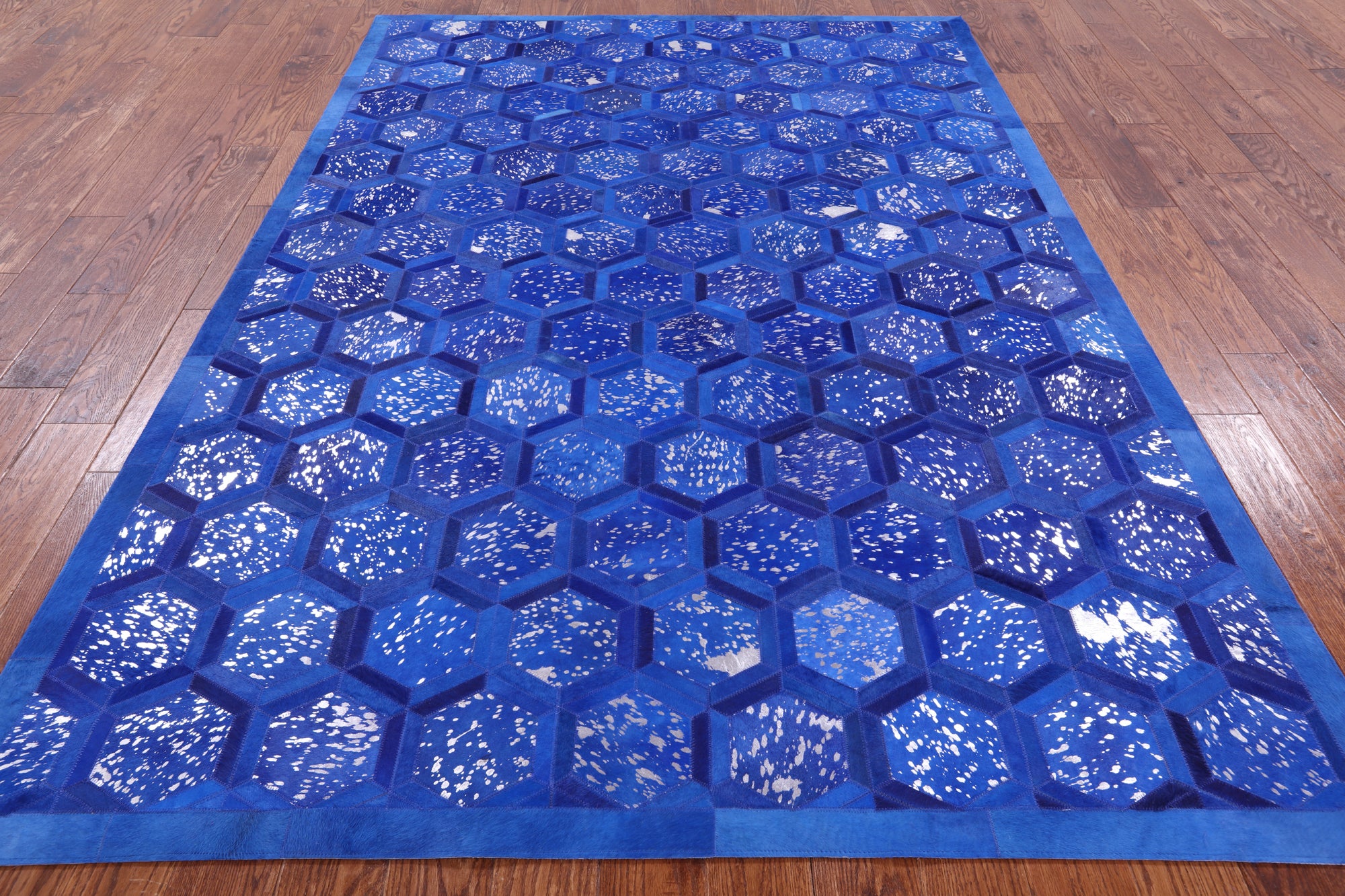 Blue Natural Cowhide Hand Stitched Patchwork Rug - 6' 0" X 9' 0" - Golden Nile