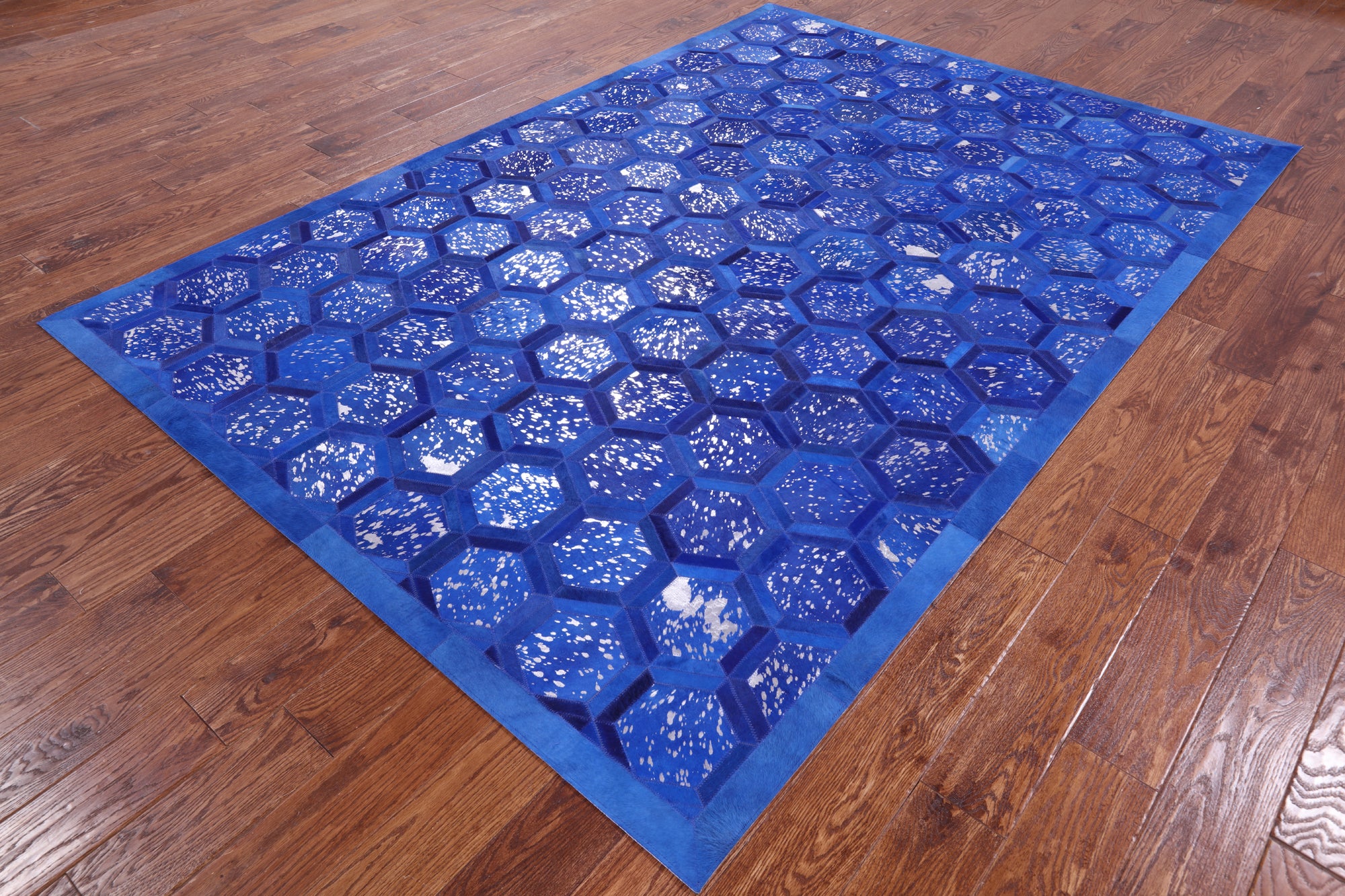 Blue Natural Cowhide Hand Stitched Patchwork Rug - 6' 0" X 9' 0" - Golden Nile
