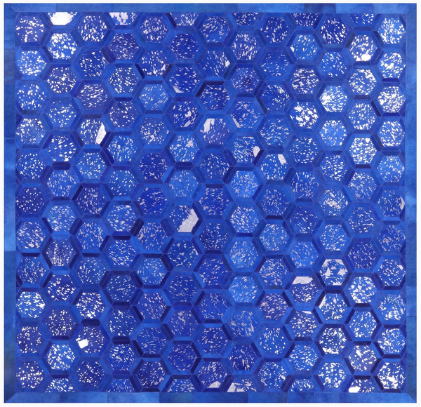 Blue Square Natural Cowhide Hand Stitched Patchwork Rug - 8' 0" X 8' 0" - Golden Nile