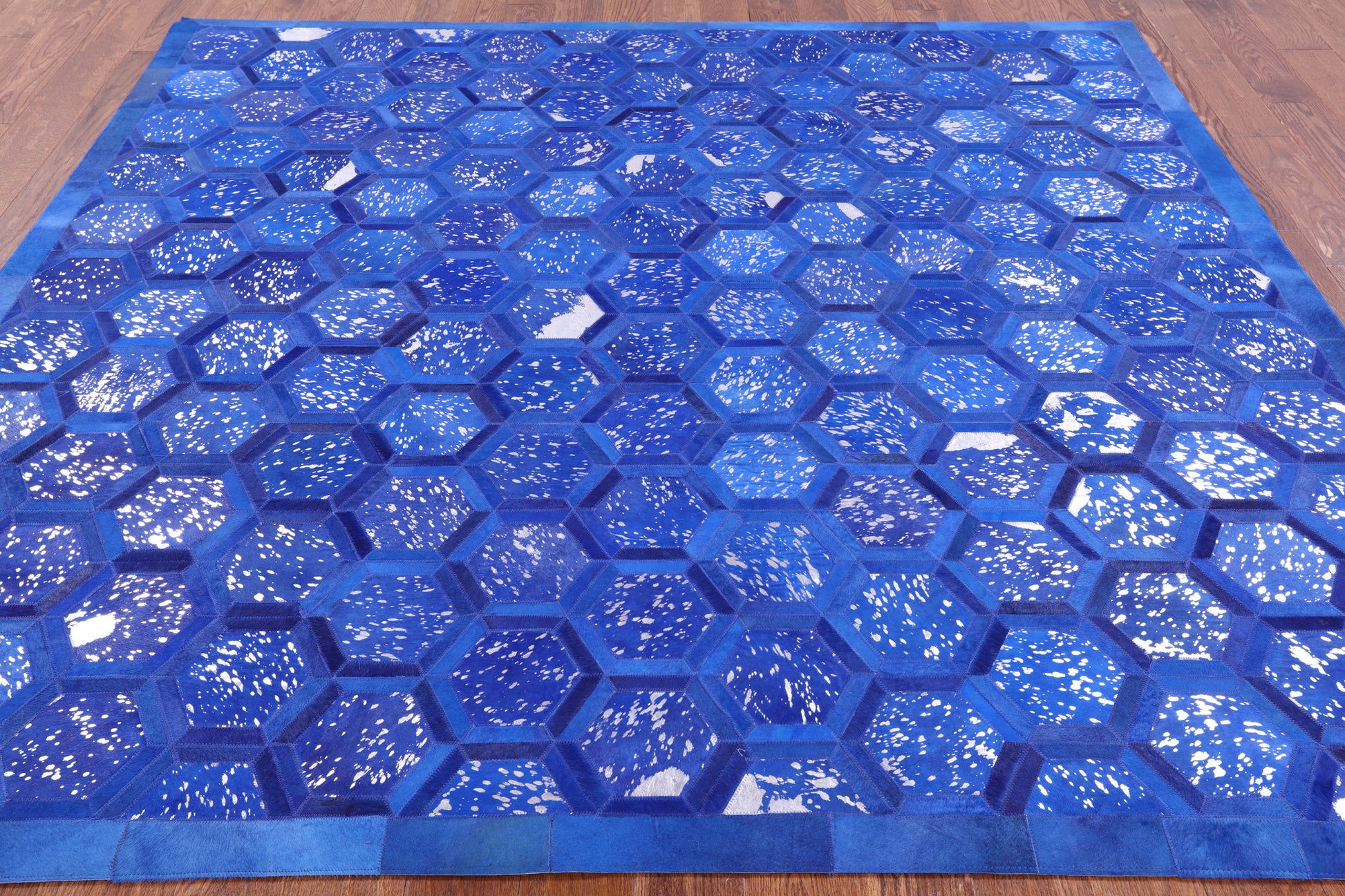 Blue Square Natural Cowhide Hand Stitched Patchwork Rug - 8' 0" X 8' 0" - Golden Nile