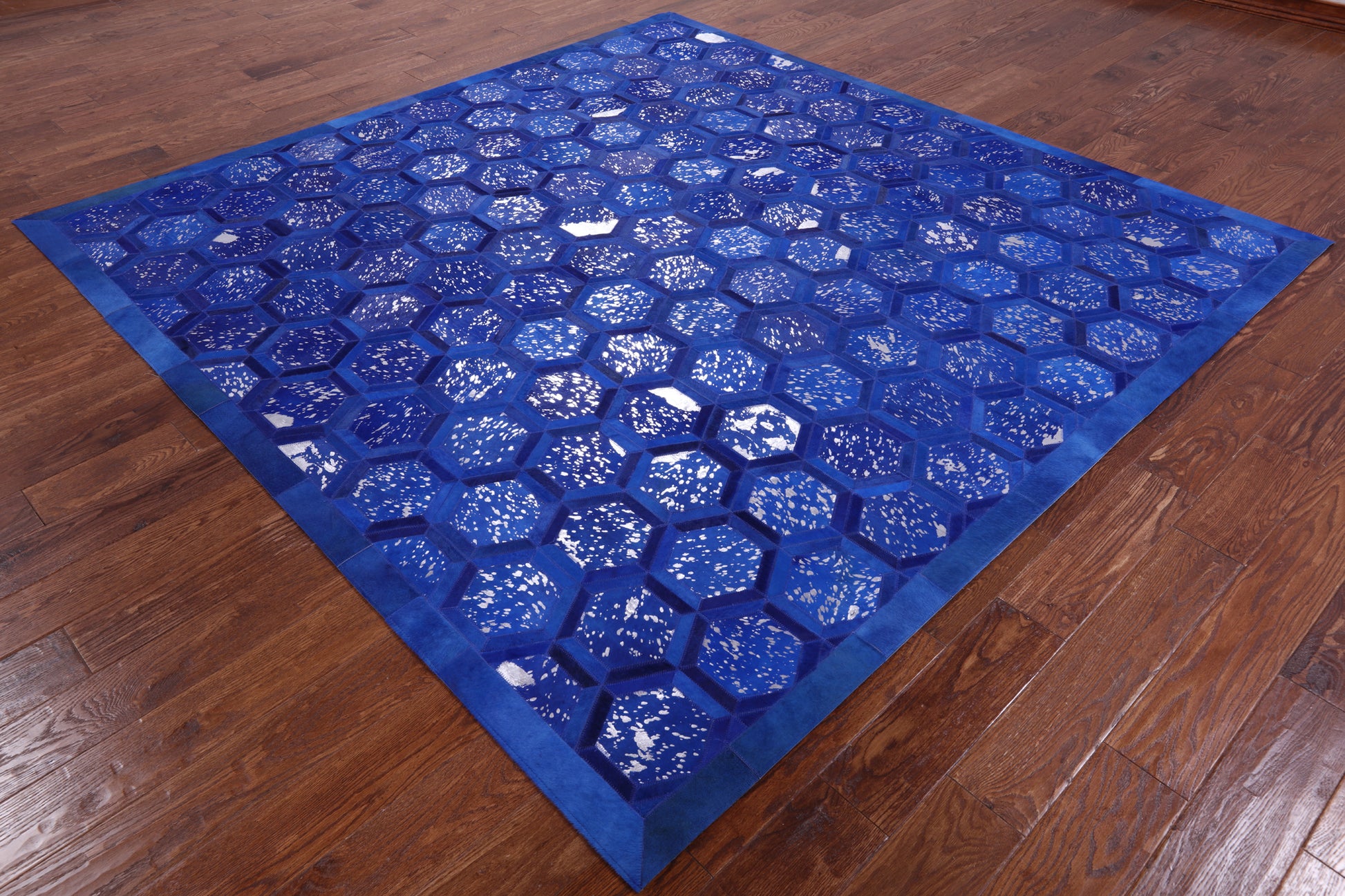 Blue Square Natural Cowhide Hand Stitched Patchwork Rug - 8' 0" X 8' 0" - Golden Nile