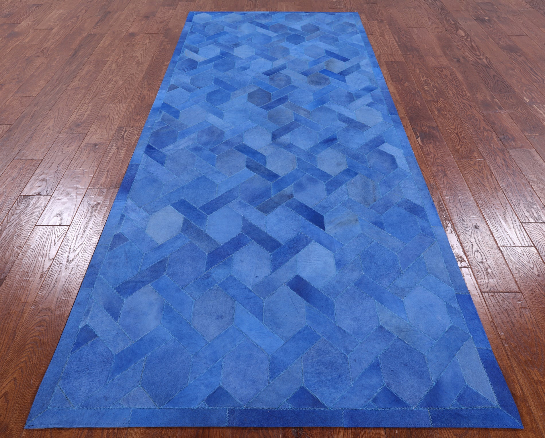 Blue Natural Cowhide Hand Stitched Runner Rug - 4' 0" X 10' 0" - Golden Nile