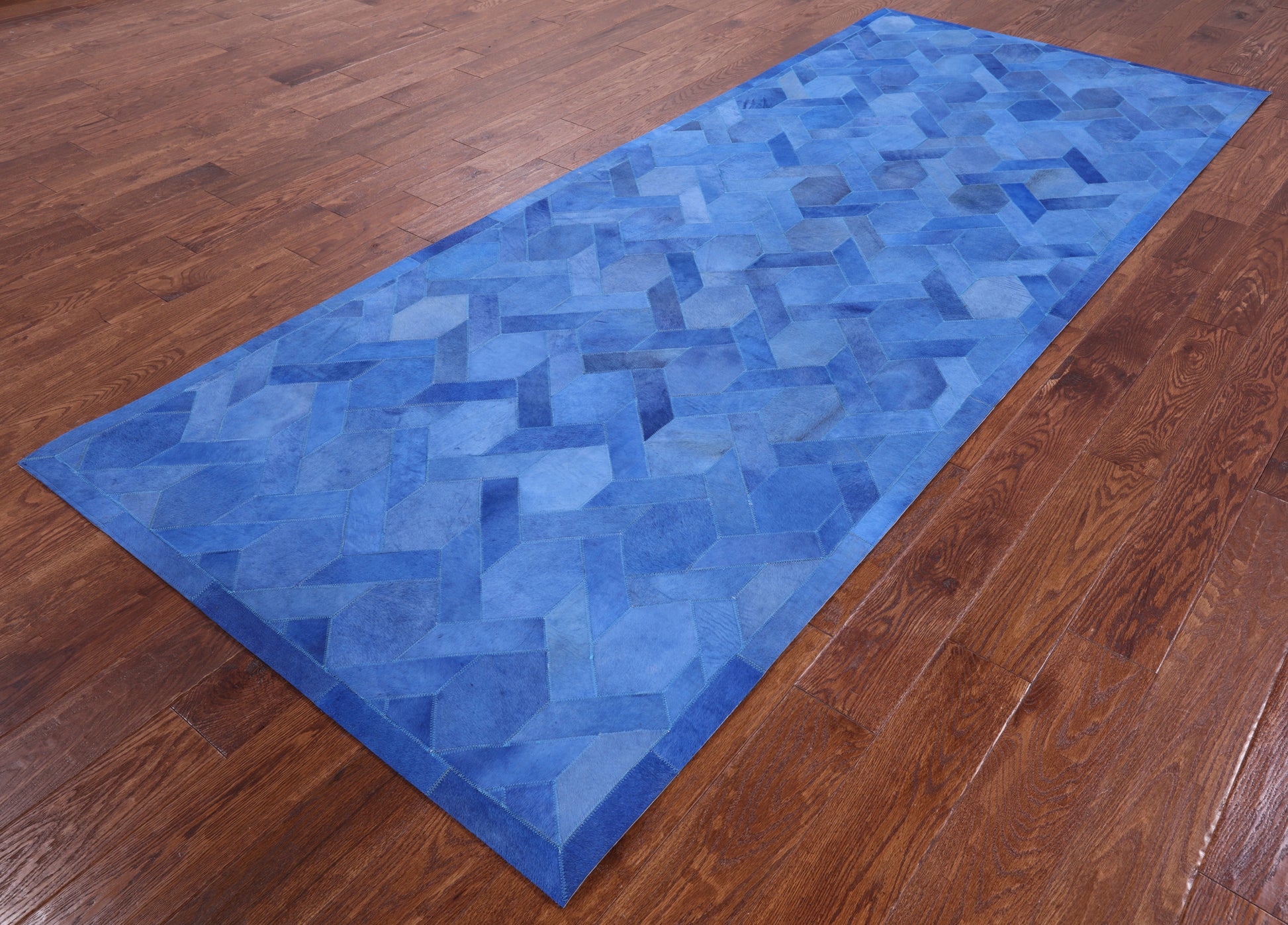 Blue Natural Cowhide Hand Stitched Runner Rug - 4' 0" X 10' 0" - Golden Nile