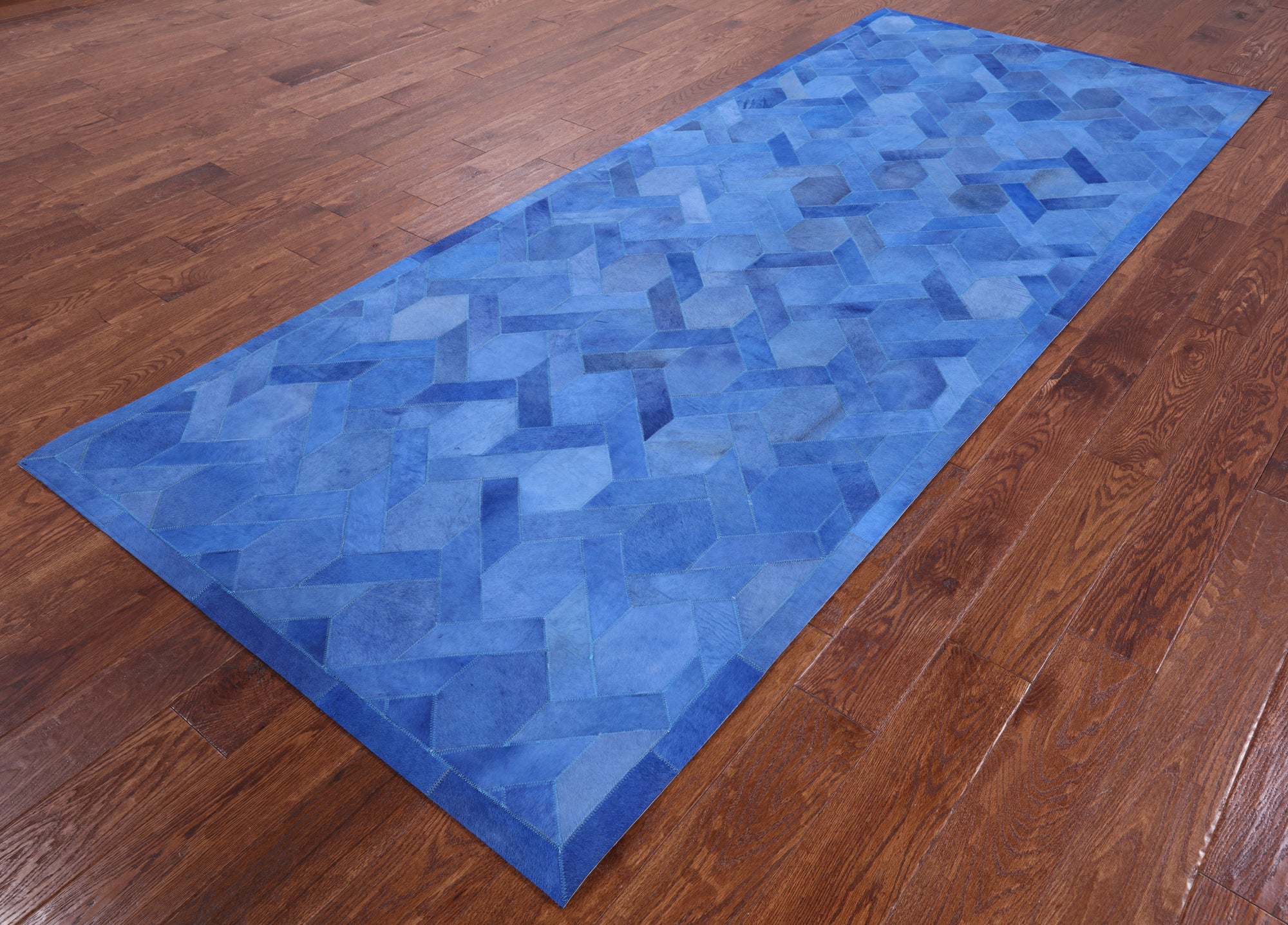 Blue Natural Cowhide Hand Stitched Runner Rug - 4' 0" X 10' 0" - Golden Nile