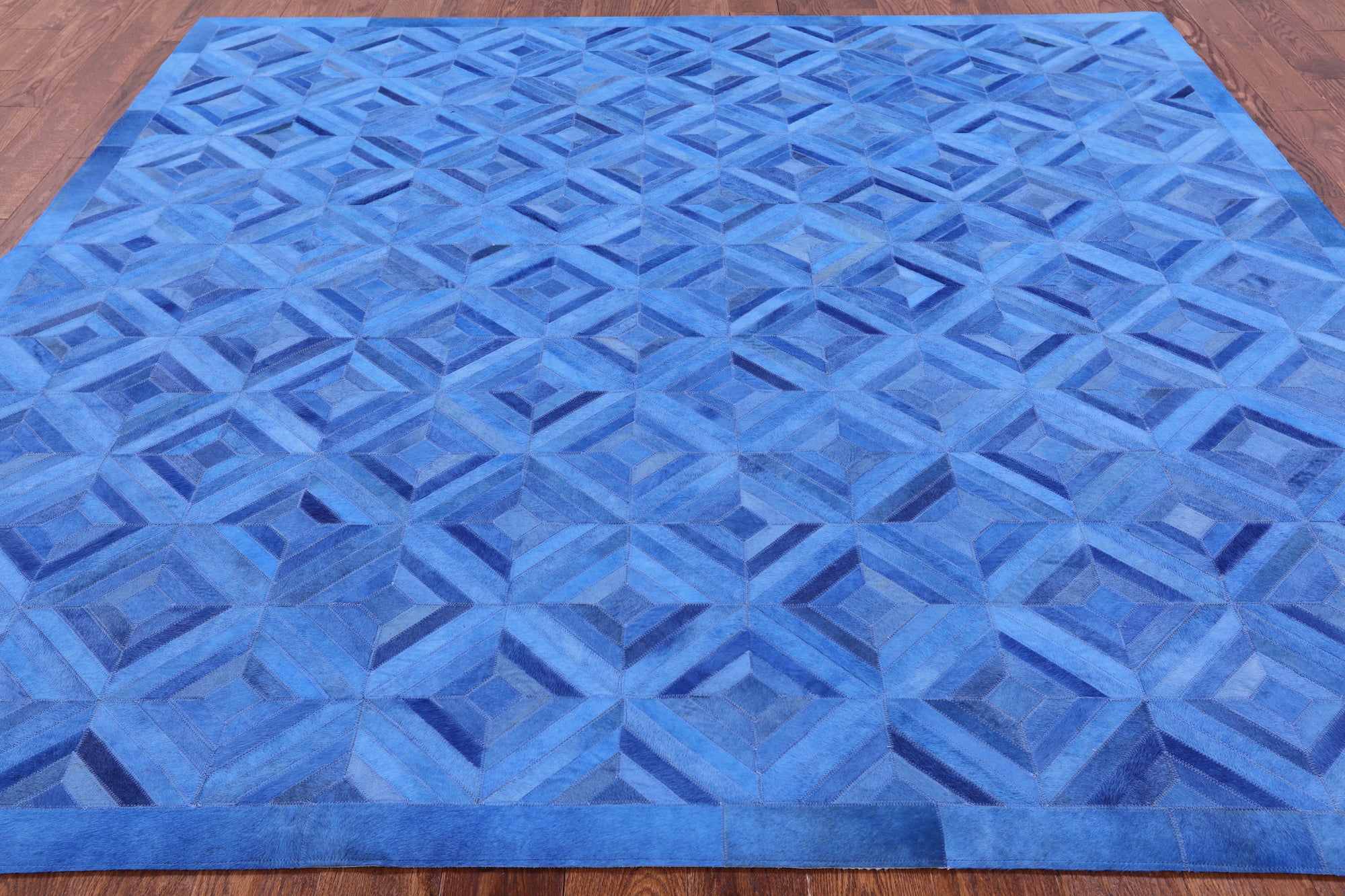 Blue Square Natural Cowhide Hand Stitched Patchwork Rug - 8' 0" X 8' 0" - Golden Nile