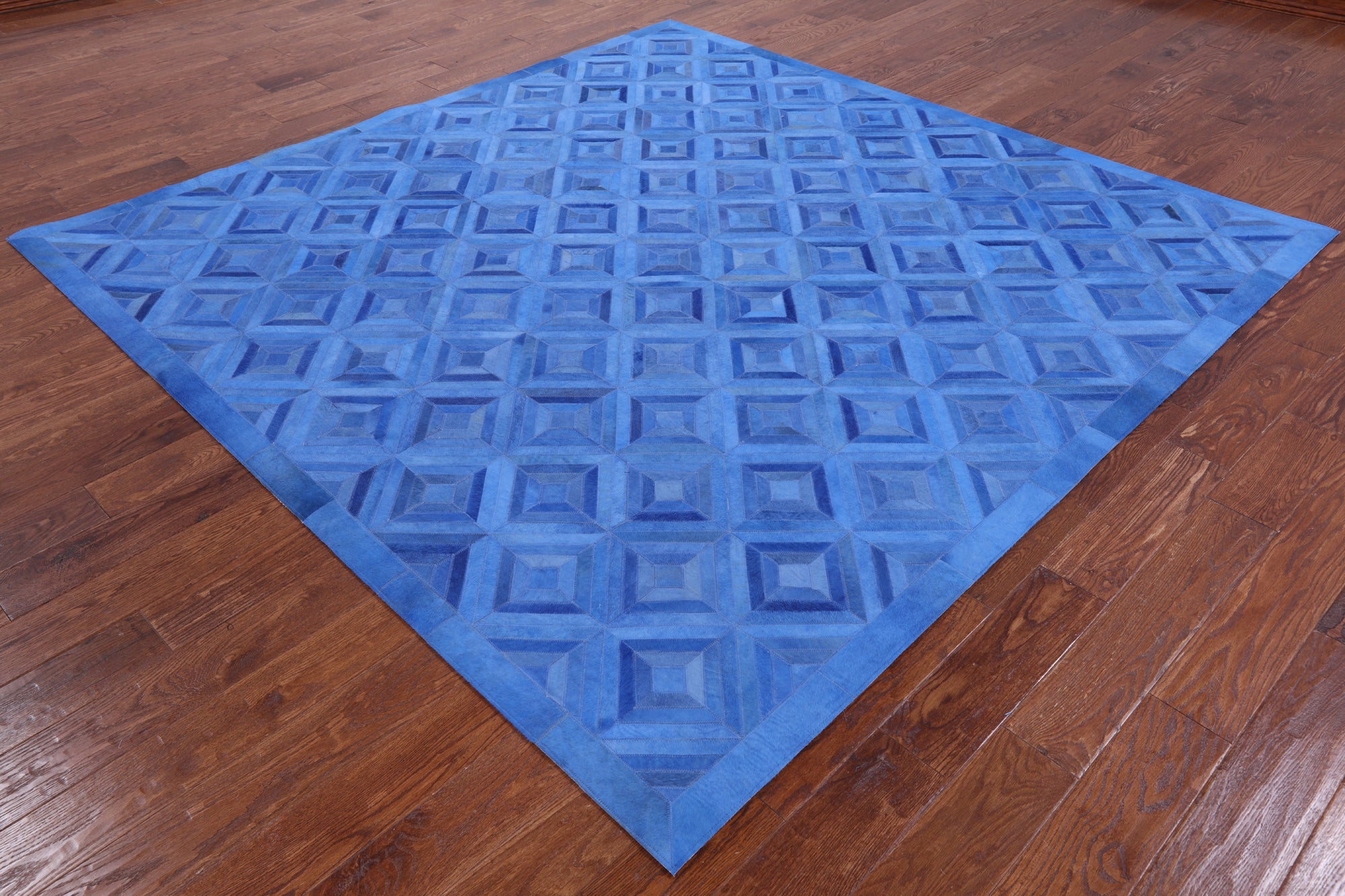 Blue Square Natural Cowhide Hand Stitched Patchwork Rug - 8' 0" X 8' 0" - Golden Nile