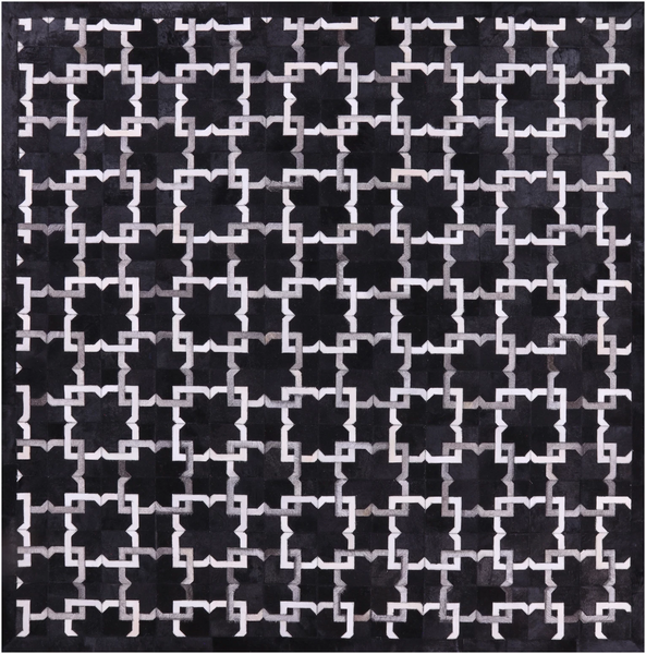 Black Square Natural Cowhide Hand Stitched Patchwork Rug - 8' 0" X 8' 0" - Golden Nile
