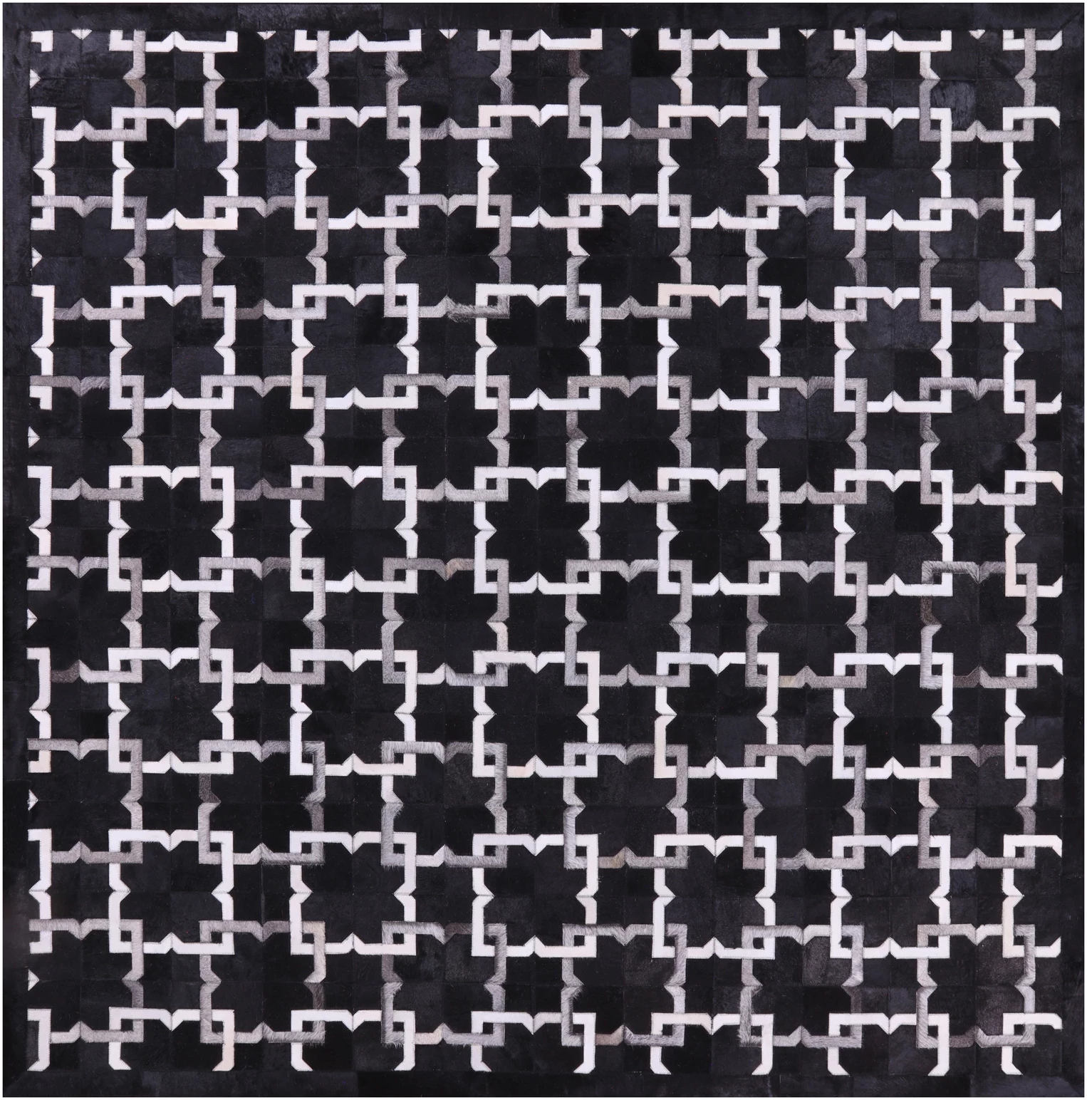 Black Square Natural Cowhide Hand Stitched Patchwork Rug - 8' 0" X 8' 0" - Golden Nile
